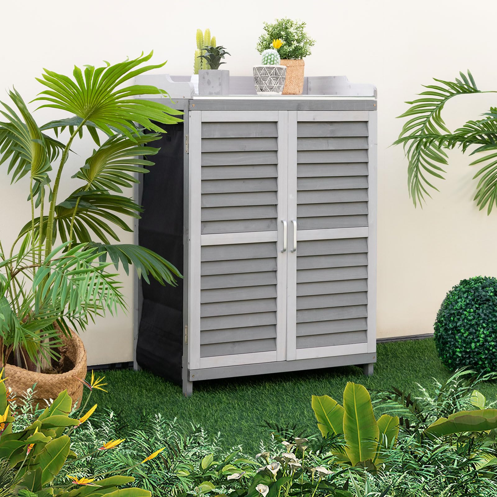 Outdoor Potting Workbench with Metal Tabletop, Garden Storage Cabinet for Patio - Image 2