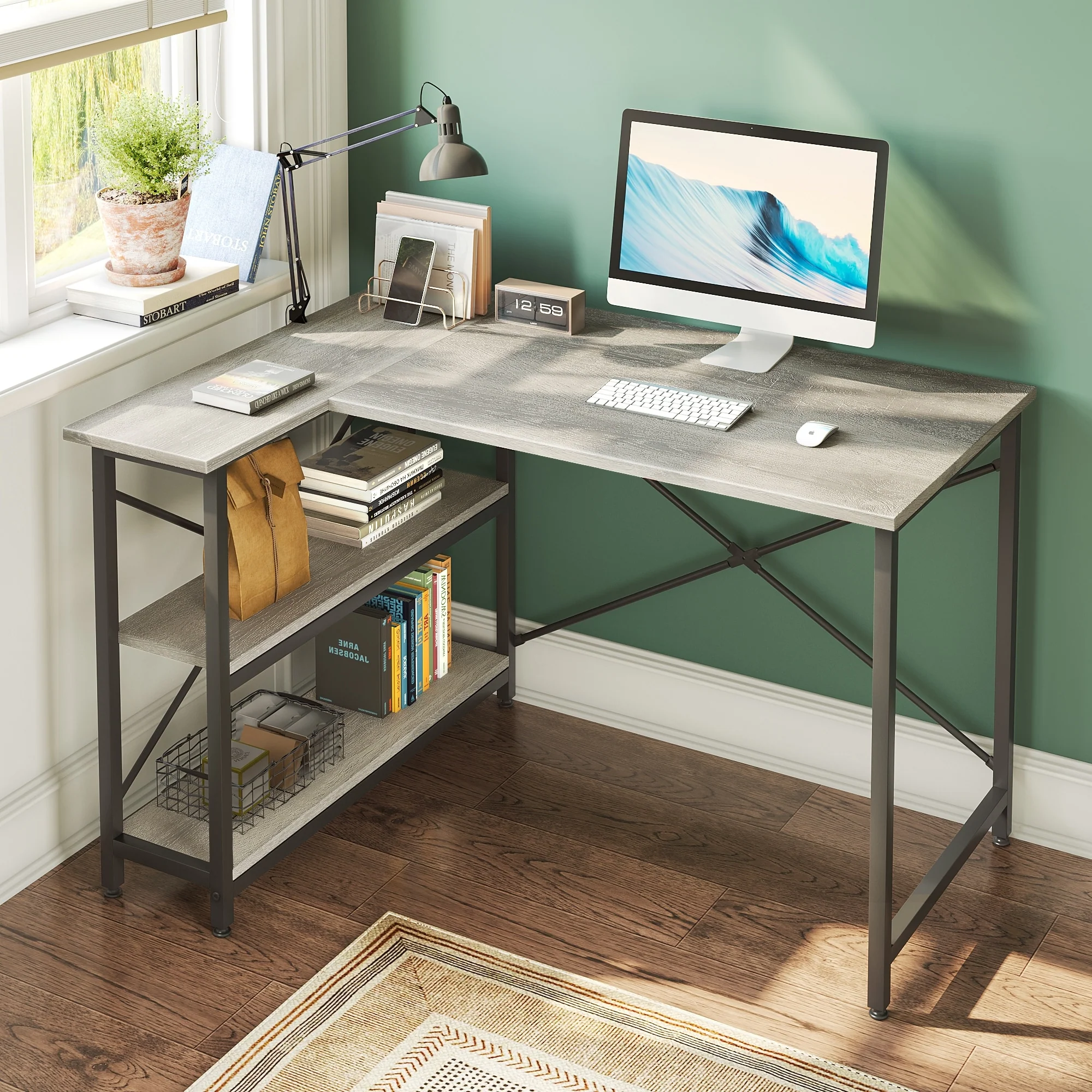 Small L Shaped Computer Desk with Storage Shelves, Compact Corner Workstation for Home Office and Study - Image 11