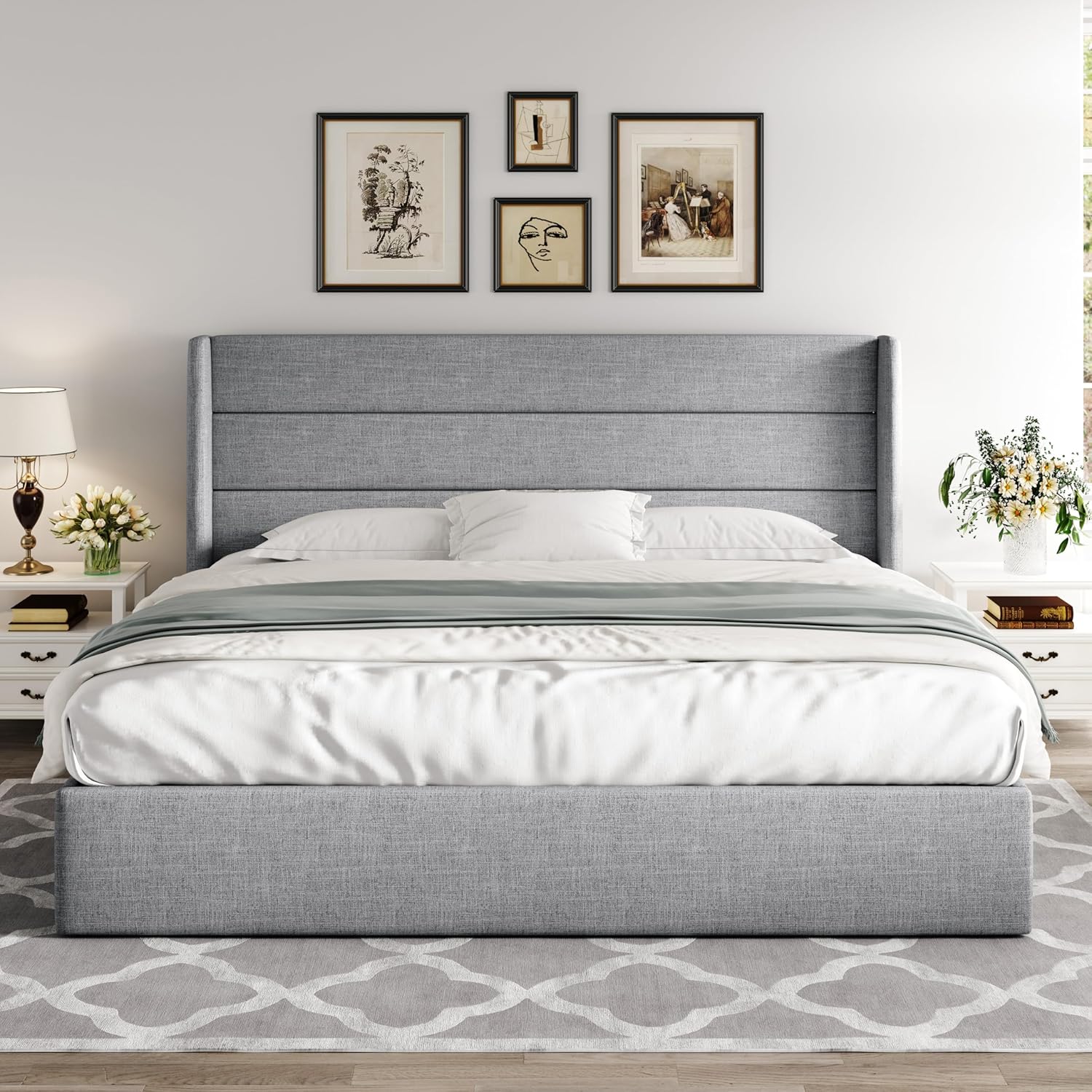 Queen Size Lift Up Storage Bed with Wingback Headboard, Upholstered Platform Bed Frame with Hidden Storage - Image 14