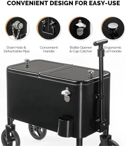 80 Quart Wagon Rolling Cooler Ice Chest, /Long Handle and 10" Wheels, Portable Beach Patio Party Bar Cold Drink Beverage, Outdoor Park Cart on Wheels - Image 13