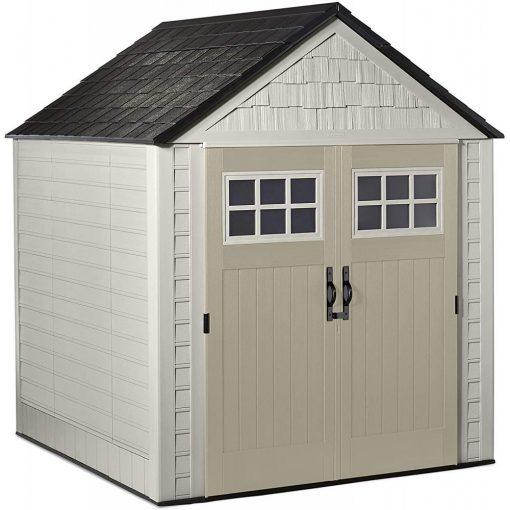 7 7 Ft Durable Weather Resistant Resin Outdoor Garden Storage Shed with Windows and Utility Hooks, Sand