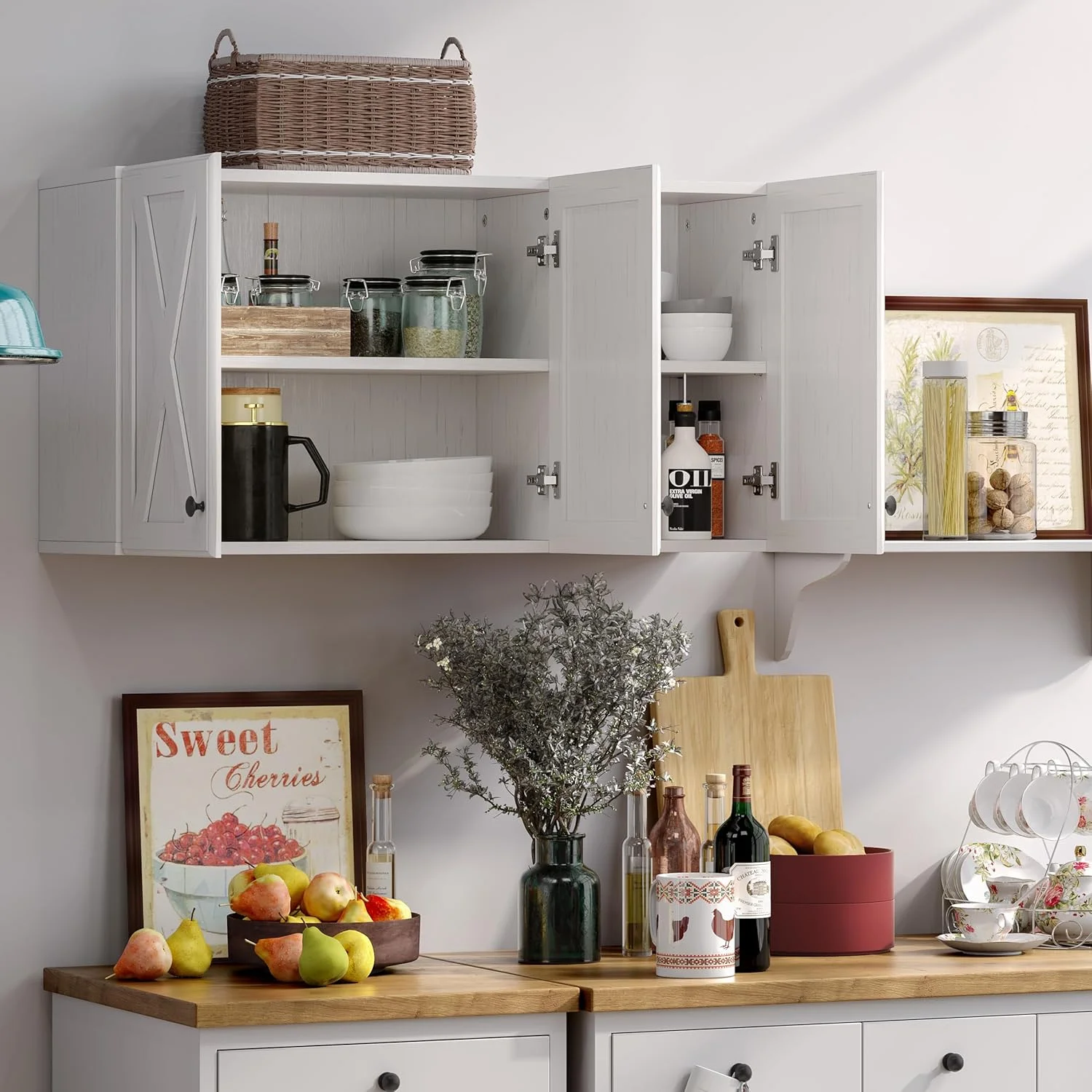 Wall Storage Cabinets - Farmhouse Kitchen Laundry White Wall Mounted Cabinets with 3 Doors and Shelves, 35inch Wide - Image 5