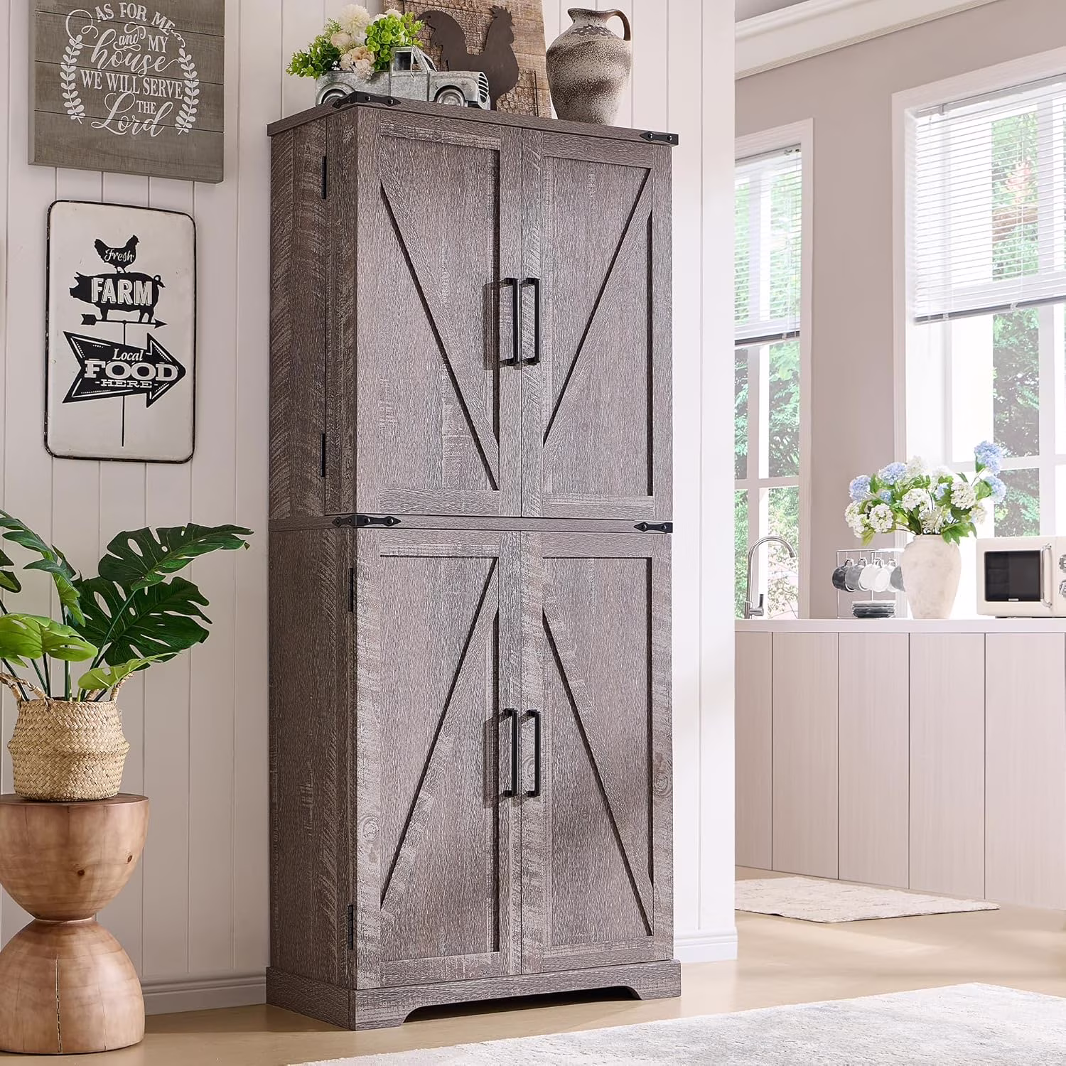 47" Kitchen Pantry, Farmhouse Storage Cabinet with Barn Doors, Organizer and Adjustable Shelves, Rustic Wood Cupboard for Kitchen, Dining Room, Bathroom and Hallway, Black - Image 7