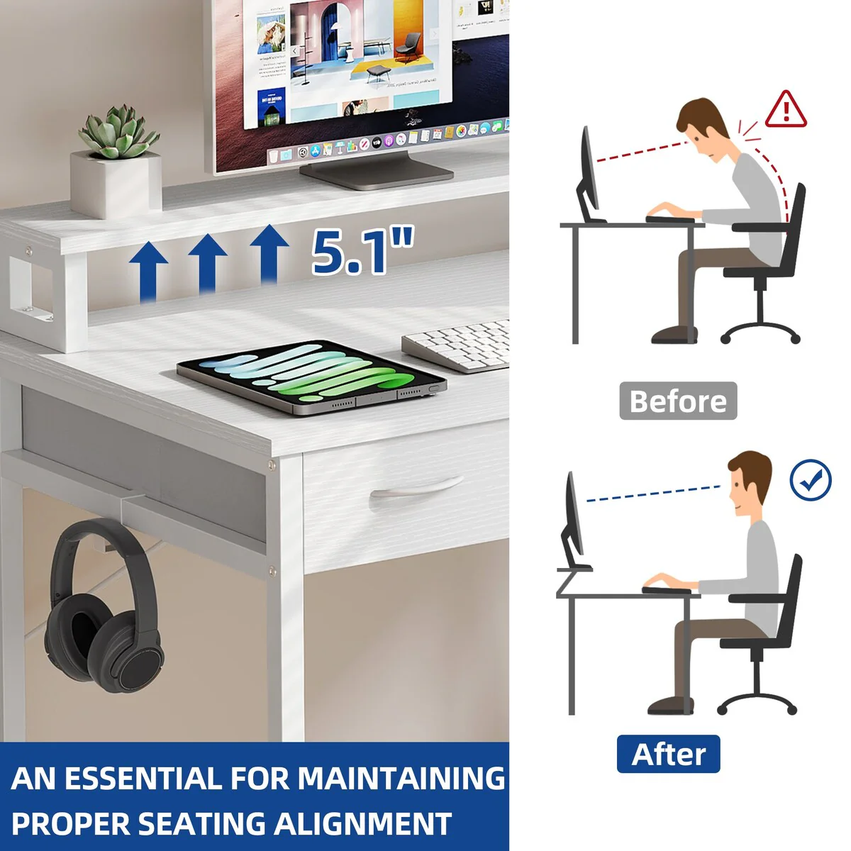 Small Computer Desk with Fabric Drawers and Monitor Stand, Compact Home Office Workstation for Small Spaces - Image 4