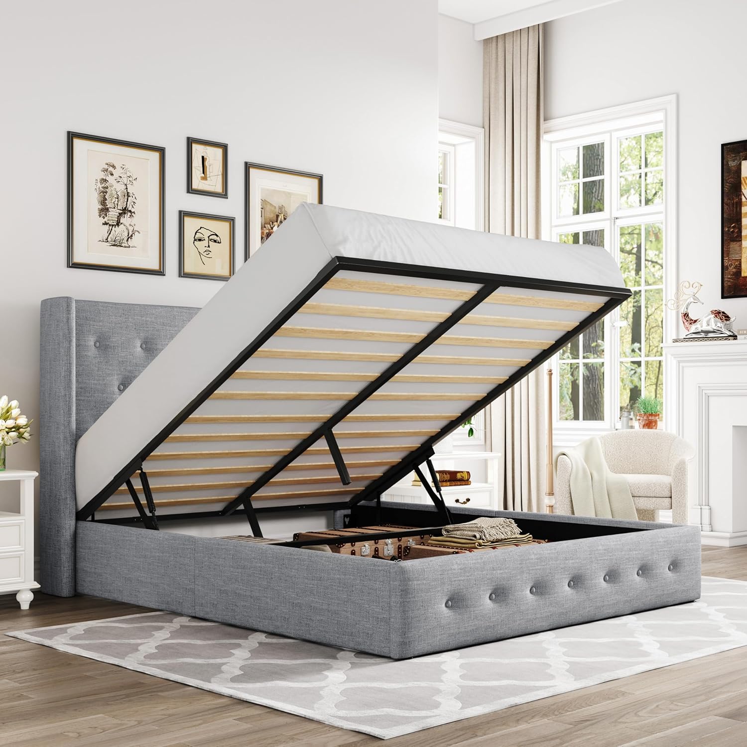 Queen Size Lift Up Storage Bed with Wingback Headboard, Upholstered Platform Bed Frame with Hidden Storage - Image 17