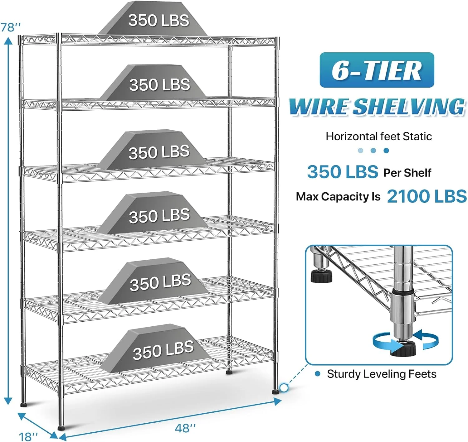 XF XINFENG 6 Tier Storage Shelves Adjustable Wire Shelving Heavy Duty Metal Shelves with Wheels 2100 lbs Capacity,Black - Image 11