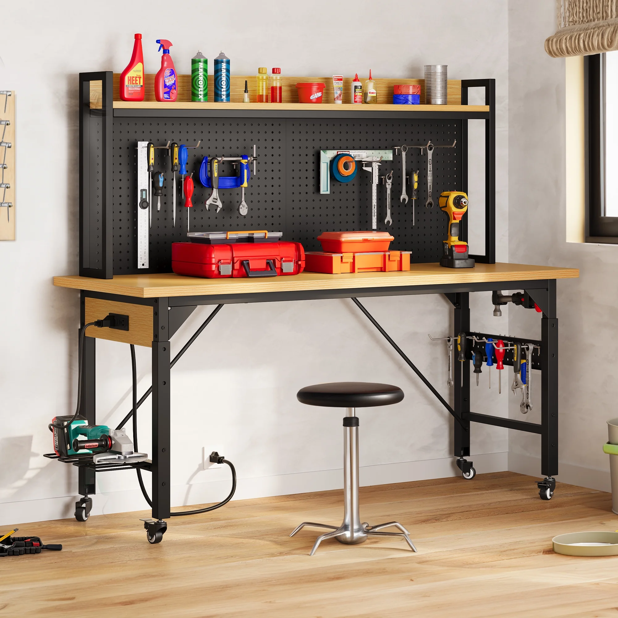 DEXTRUS Multifunctional Workbench with Wheels, 59.1" x 23.6" with Pegboard Worktable w/ Power Outlets, A3 Steel Work Bench For Garage max. Heavy Duty Workbench 2000lbs Weight Capacity - Image 6