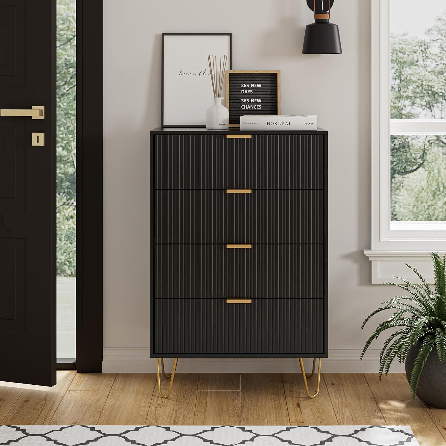 4 Drawer Dresser, Drawer Chest, Tall Storage Chest Cabinet Organizer Unit with Metal Legs, Small Dresser for Bedroom, Living Room, Closet, Hallway Black Stripe - Image 3