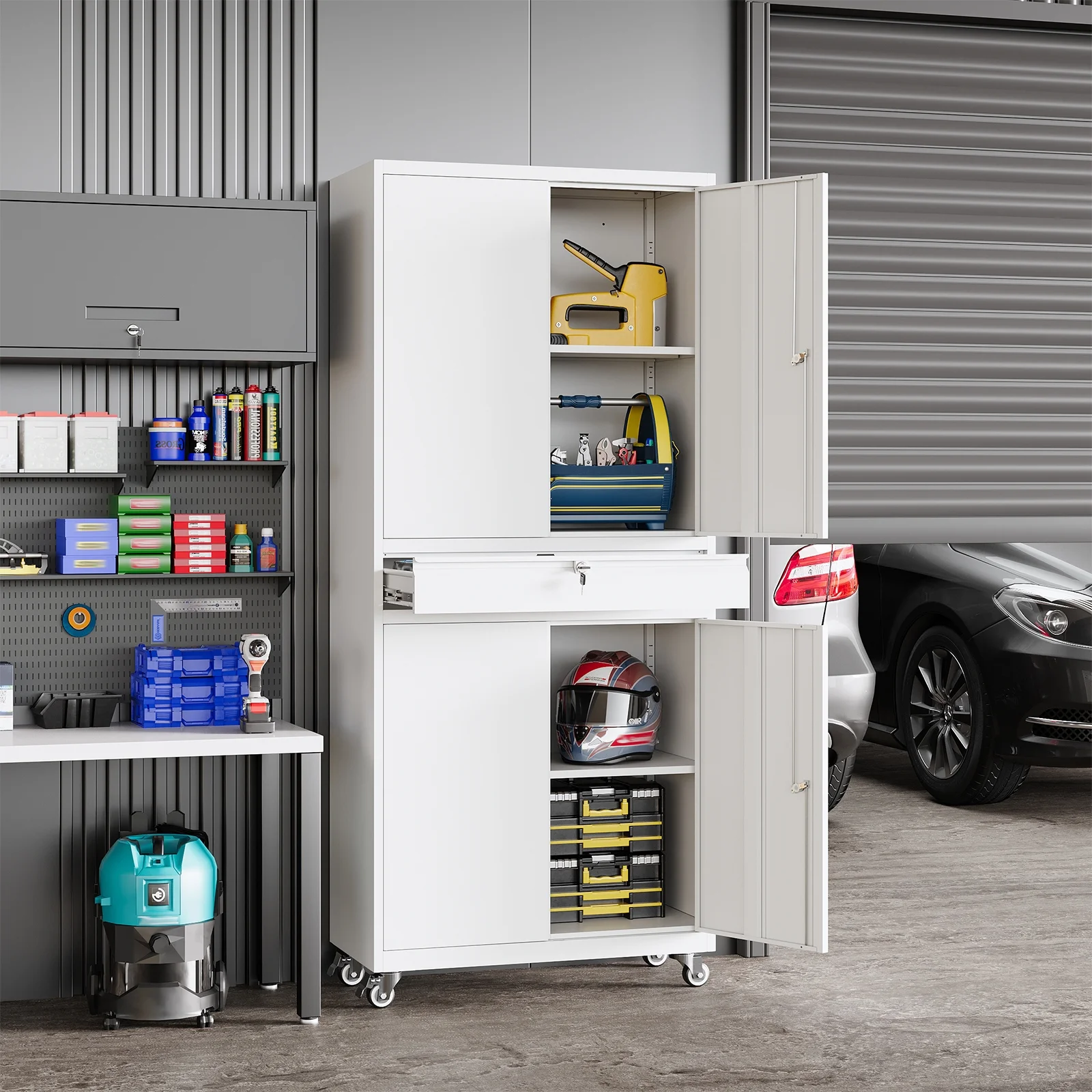 STANI Metal Garage Storage Cabinets with Drawer, 4 Doors Tool Storage Cabinet with 2 Adjustable Shelves, 73"H Rolling Steel Locking Cabinet for Garage Utility Room Home Office (Black, 4 Wheel) - Image 21