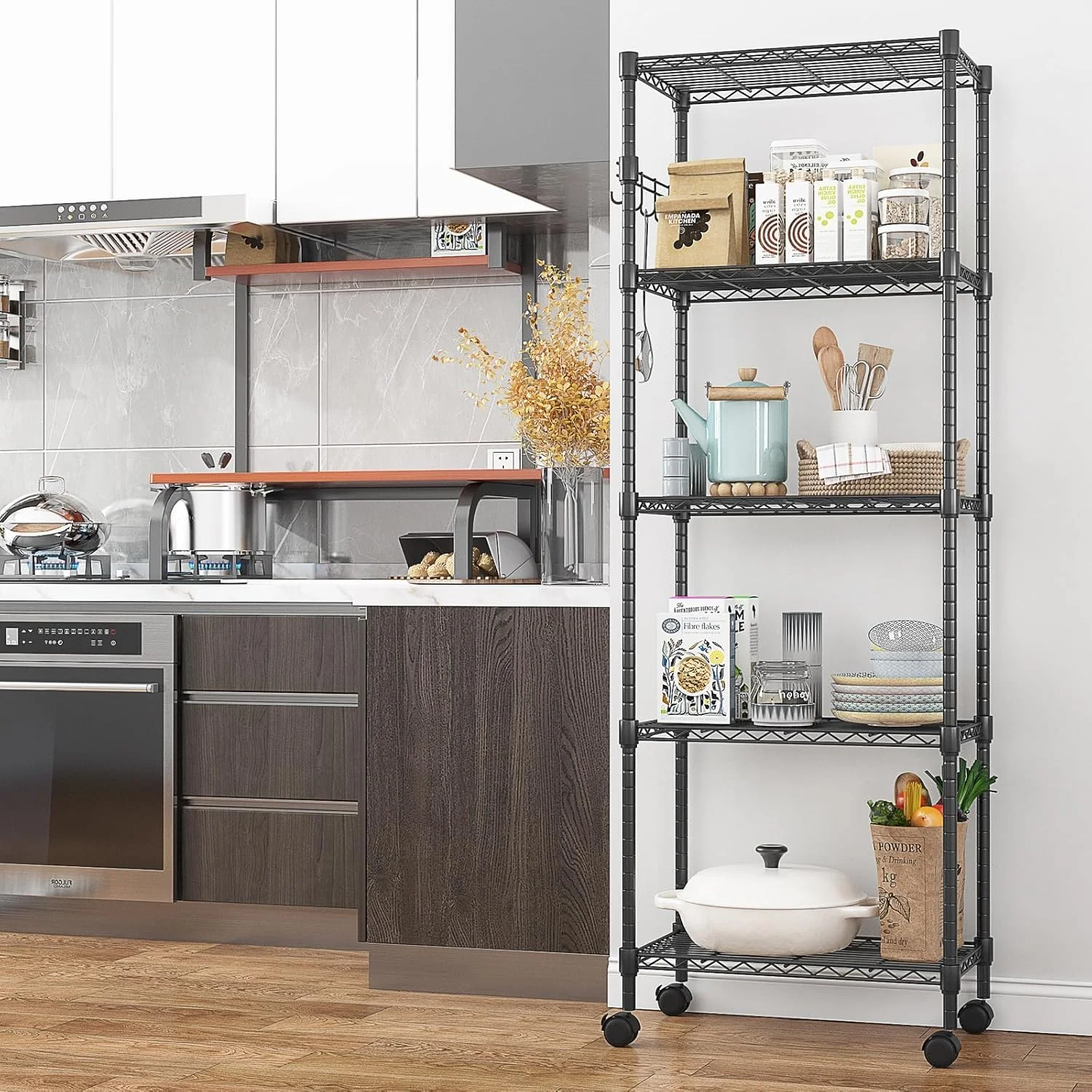 5-Tier Storage Shelf Wire Shelving Unit on Wheels, Adjustable Heavy Duty Metal Shelves with Side Hooks, Steel Rack Organization for Kitchen Garage Basement, Silver - Image 13