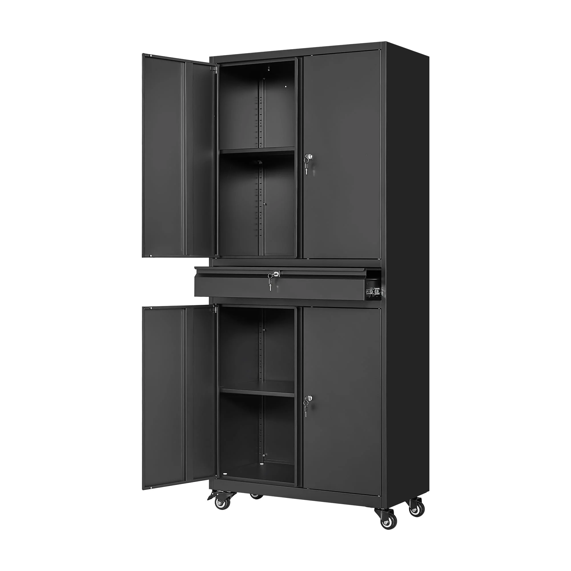 STANI Metal Garage Storage Cabinets with Drawer, 4 Doors Tool Storage Cabinet with 2 Adjustable Shelves, 73"H Rolling Steel Locking Cabinet for Garage Utility Room Home Office (Black, 4 Wheel) - Image 12