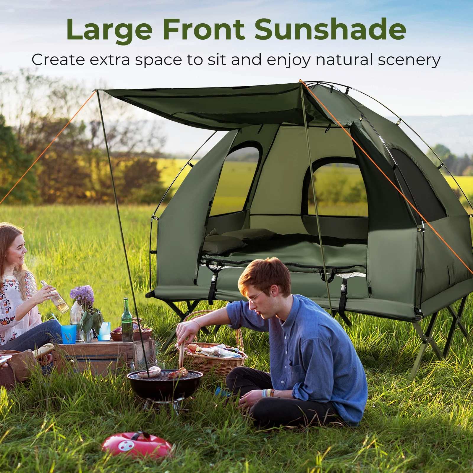 Patiojoy Folding 2-Person Camping Tent Cot Portable Pop-Up Tent with Sleeping Bag&Air Mattress for Outdoor Activity - Image 2
