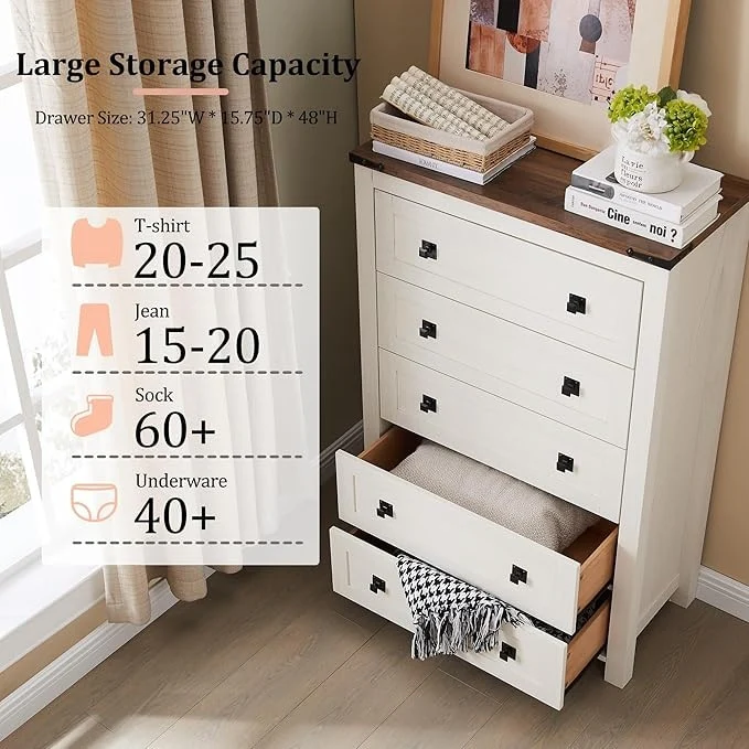 48 Inch Tall Farmhouse Wood Dresser, 5 Drawer Chest of Drawers for Bedroom - Image 8