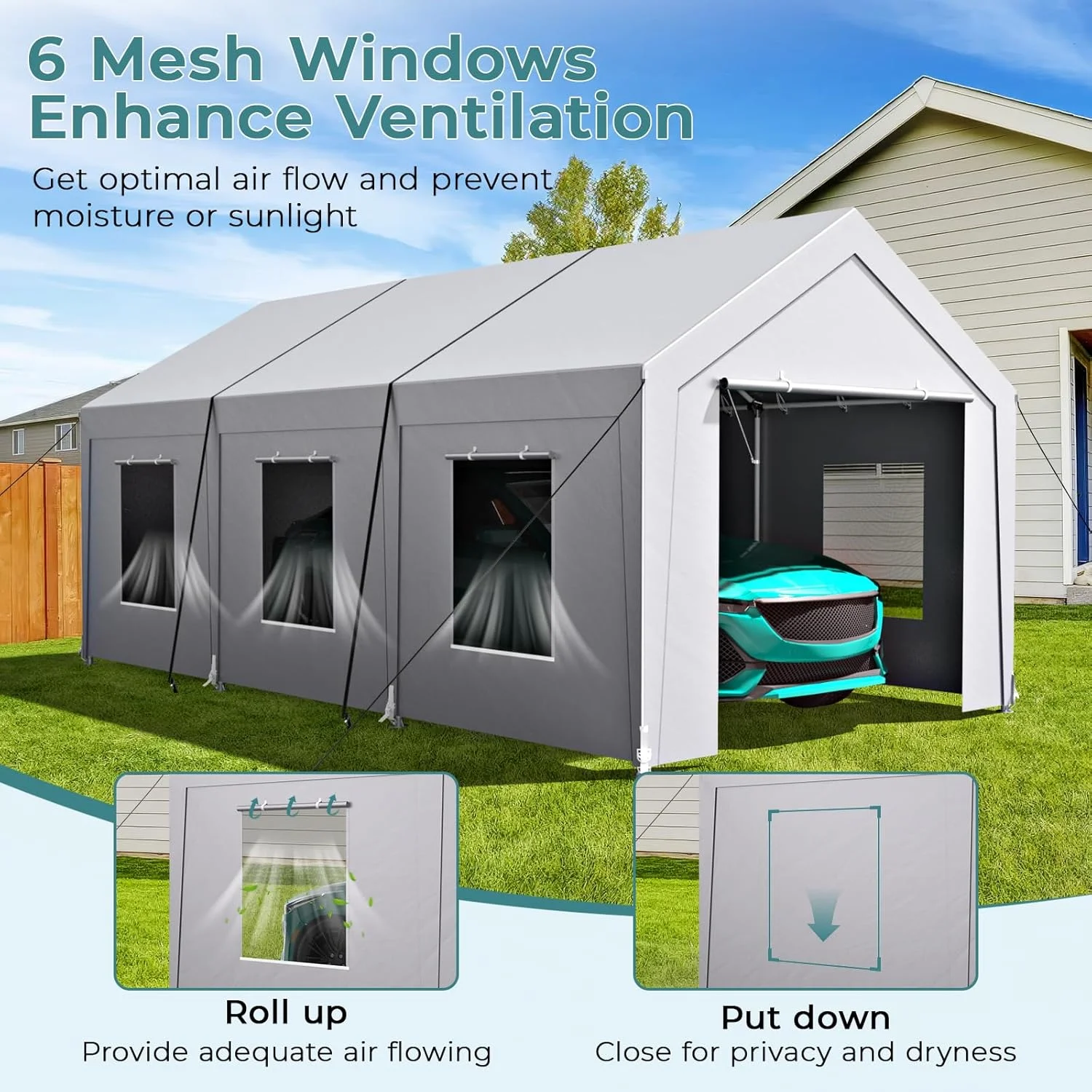 Vitarpatio Carport, 10x20 ft Heavy Duty Car Port Canopy with 6 Roll-up Windows, Reinforced Metal Carport Portable Garage Waterproof Car Tent with Removable Sidewalls & Door - Image 3