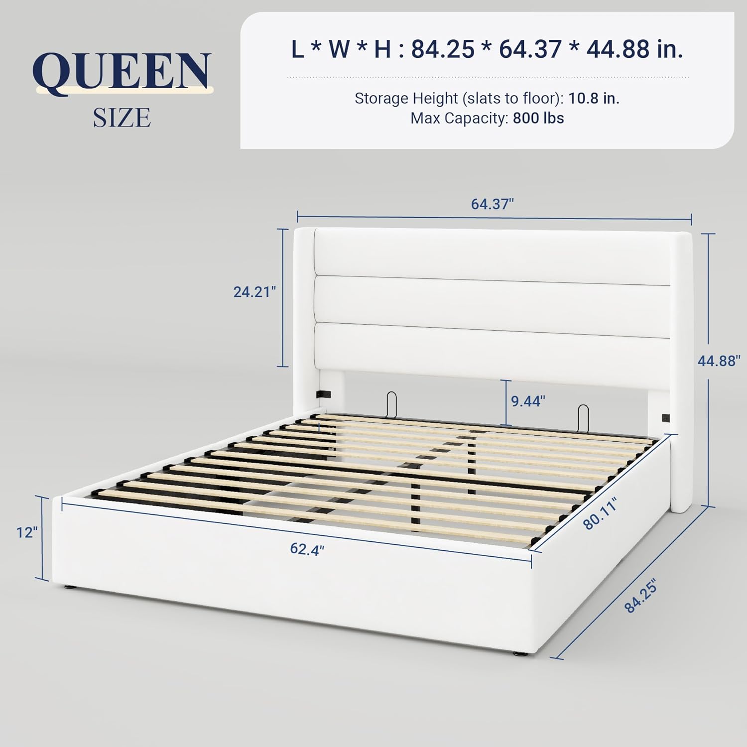 Queen Size Lift Up Storage Bed with Wingback Headboard, Upholstered Platform Bed Frame with Hidden Storage - Image 125