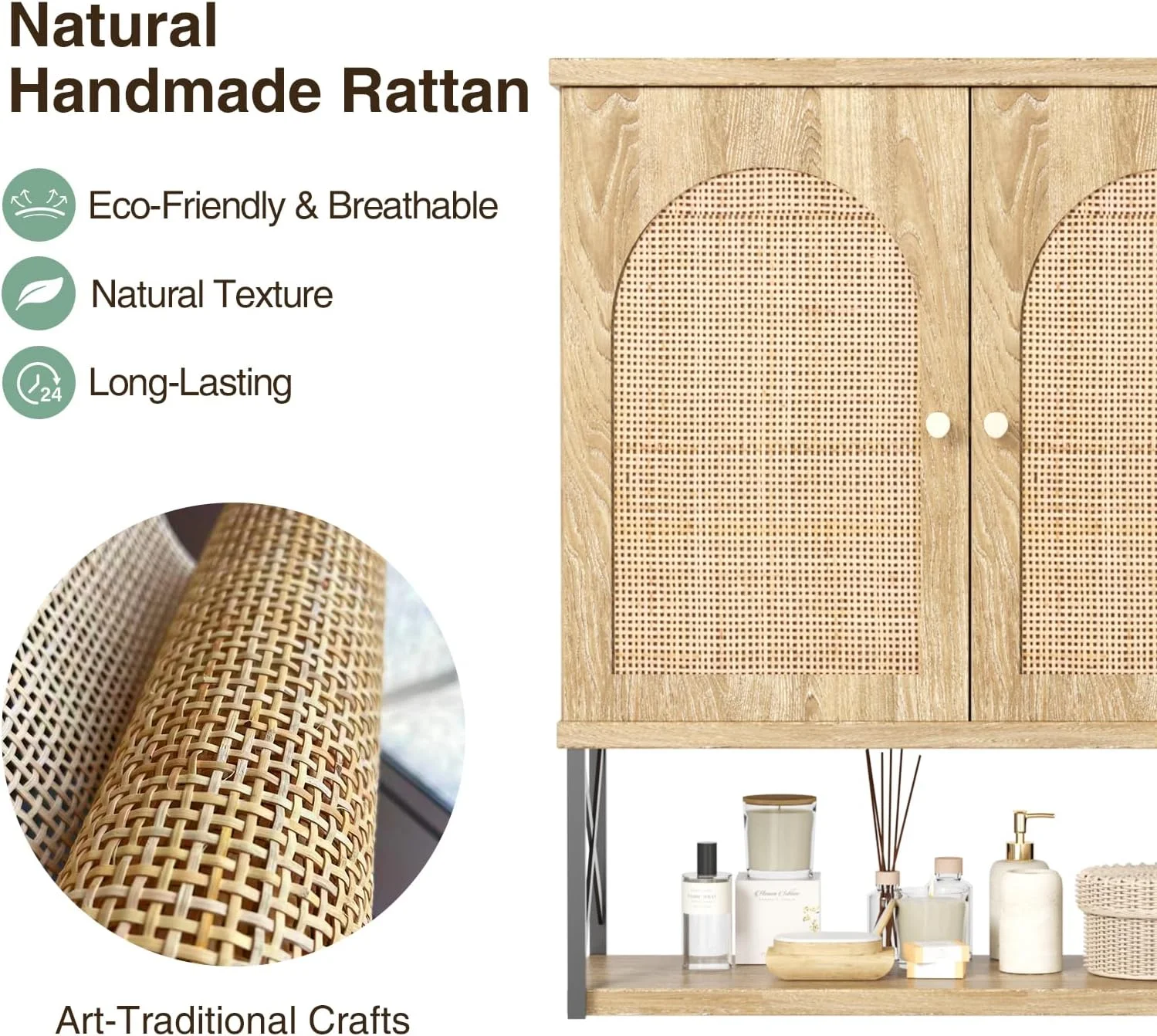 VEANERWOOD Rattan Bathroom Wall Storage Cabinet with Double Doors and Adjustable Shelves, Medicine Wall Storage Cabinet for Kitchen, Toilet, Bathroom - Image 8