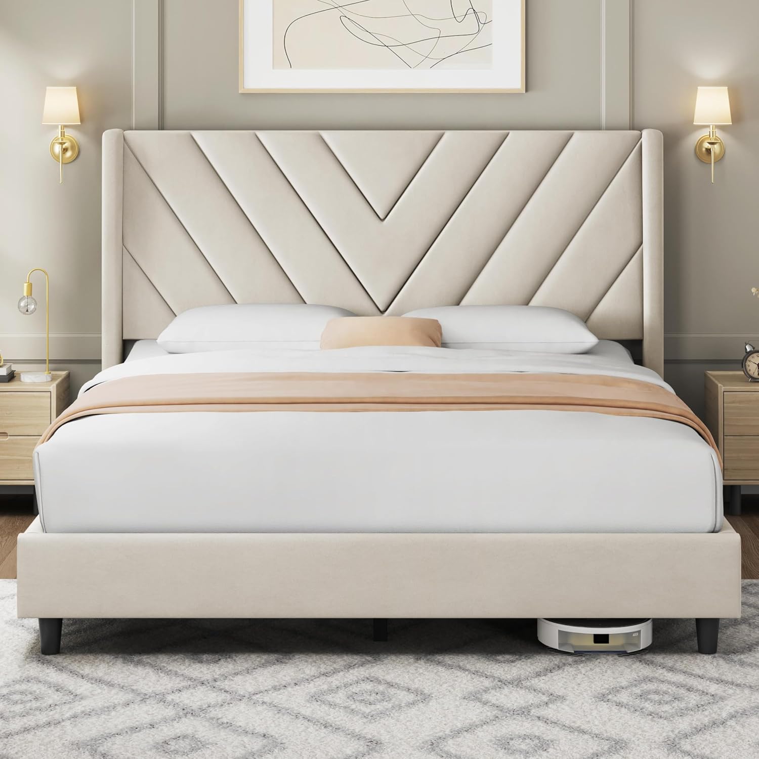 Twin Bed Frame with Chevron Channel-Tufted Headboard, Light Gray - Image 13