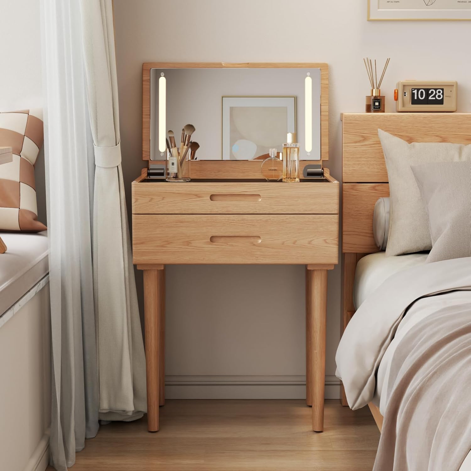 Solid Wood Small Vanity Desk with Mirror and Lights, 19.6", Natural - Image 4