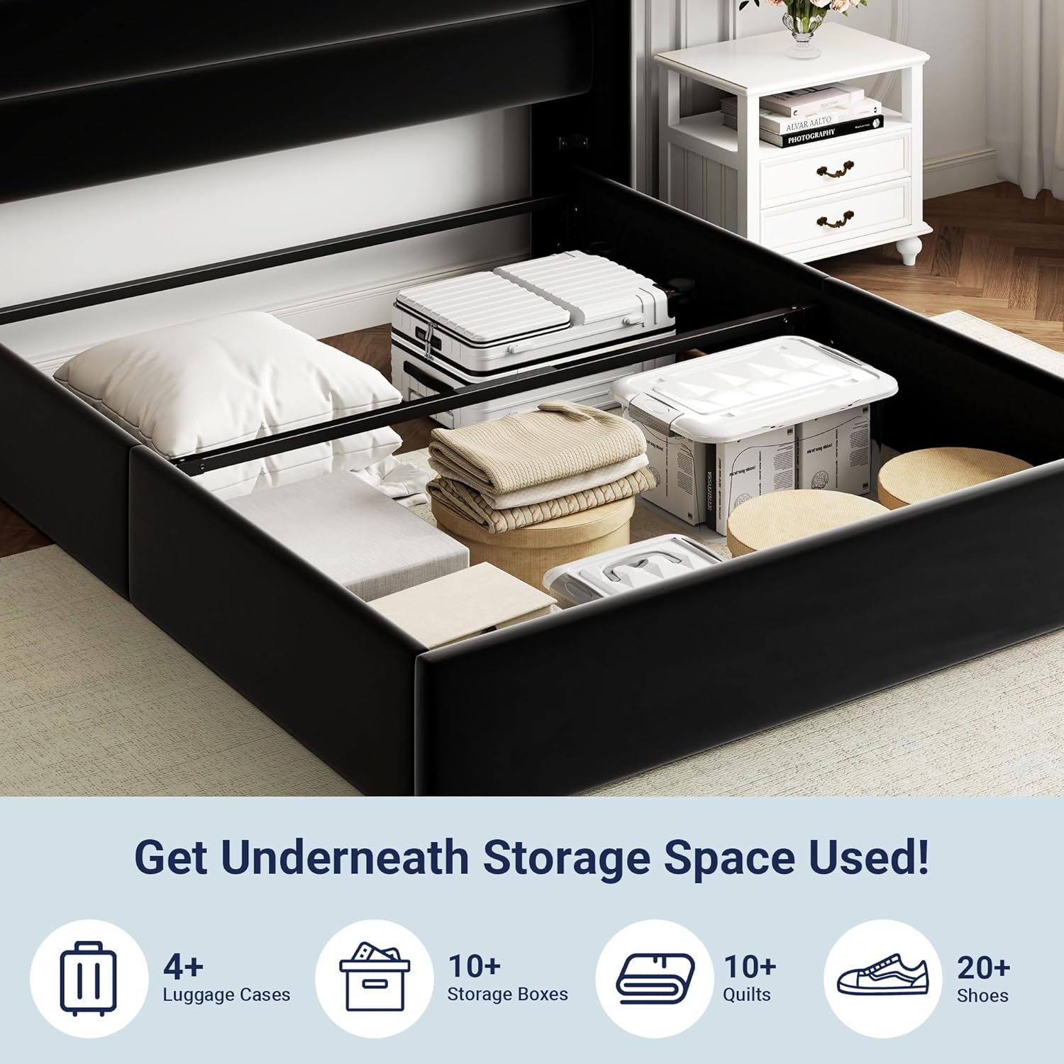 Queen Size Lift Up Storage Bed with Wingback Headboard, Upholstered Platform Bed Frame with Hidden Storage - Image 179