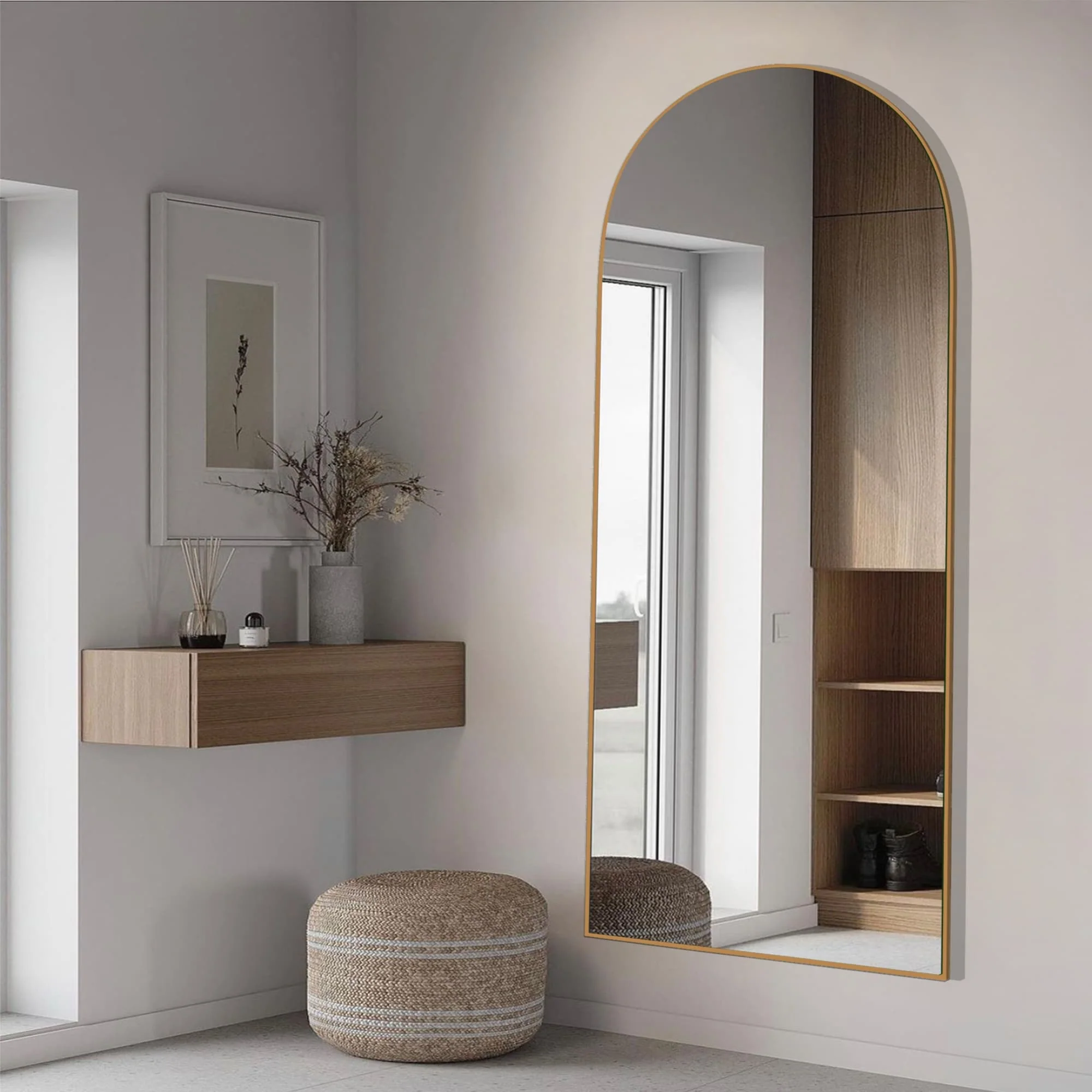 Arched Full Length Wood Floor Mirror, Full Body Standing and Wall Mounted Mirror for Bedroom, Living Room and Home Decor - Image 55