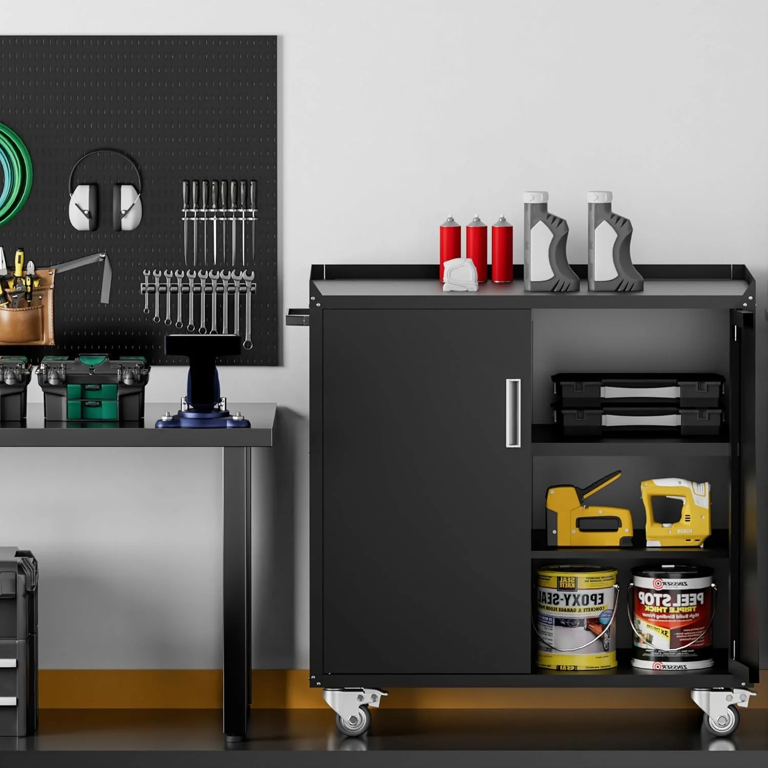 GXK-Home Metal Garage Storage Cabinet With Lock and Hook Hole,Tool Chest with Wheels for Workshop,Black - Image 2