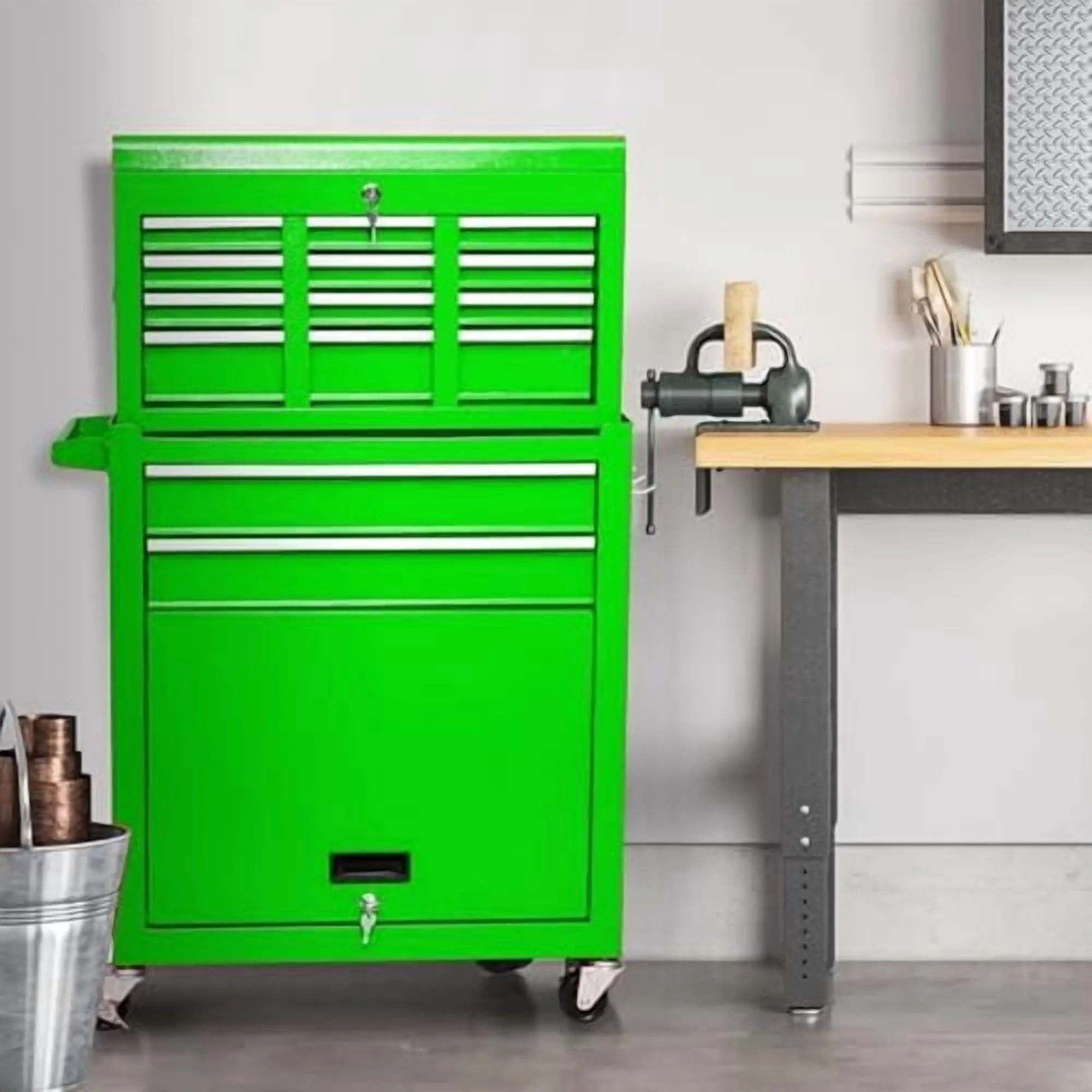 8-Drawer Rolling Tool Chest with Detachable Top Tool Box, Lockable Metal Tool Cabinet, and Liner, Heavy-Duty Storage Organizer with Wheels and 6 Hooks for Garage, Workshop, Green - Image 11