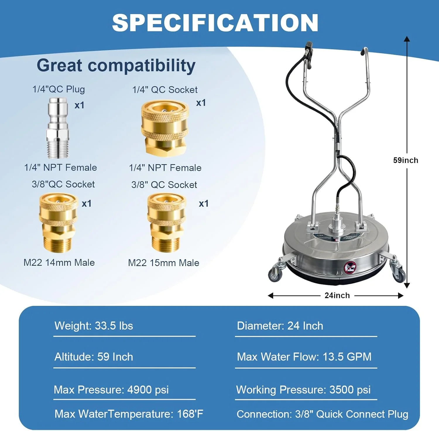 Garvee 24" Pressure Washer Surface Cleaner with Dual Handles -C Stainless Steel, 4-Wheel Design for Driveways, Sidewalks, Curbs, Decks, & Patios -C 4900 PSI, High-Efficiency Cleaning Accessory - Image 3