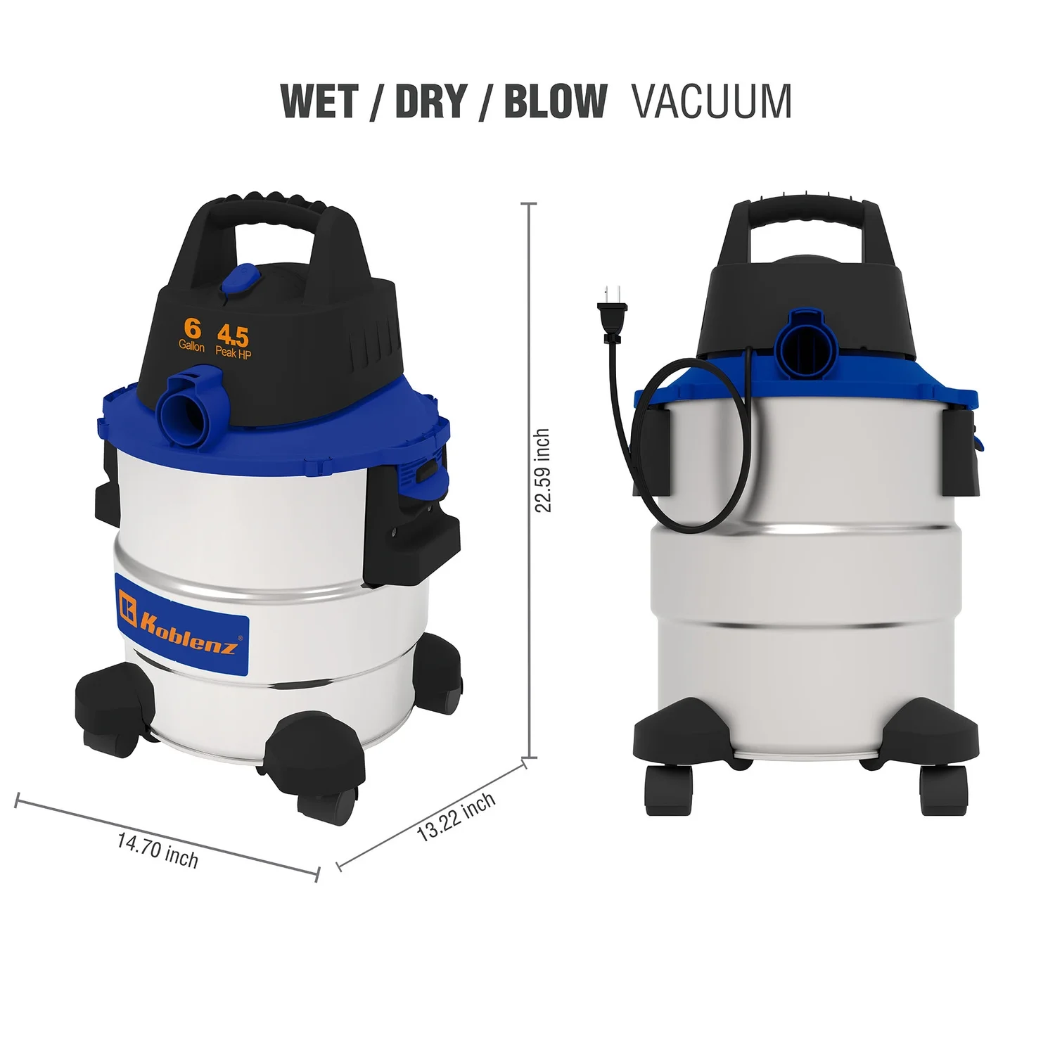 Koblenz 6-Gal. Portable Wet/Dry Vacuum with Blower, Stainless Steel and Blue, WD-6 L212 SS - Image 2