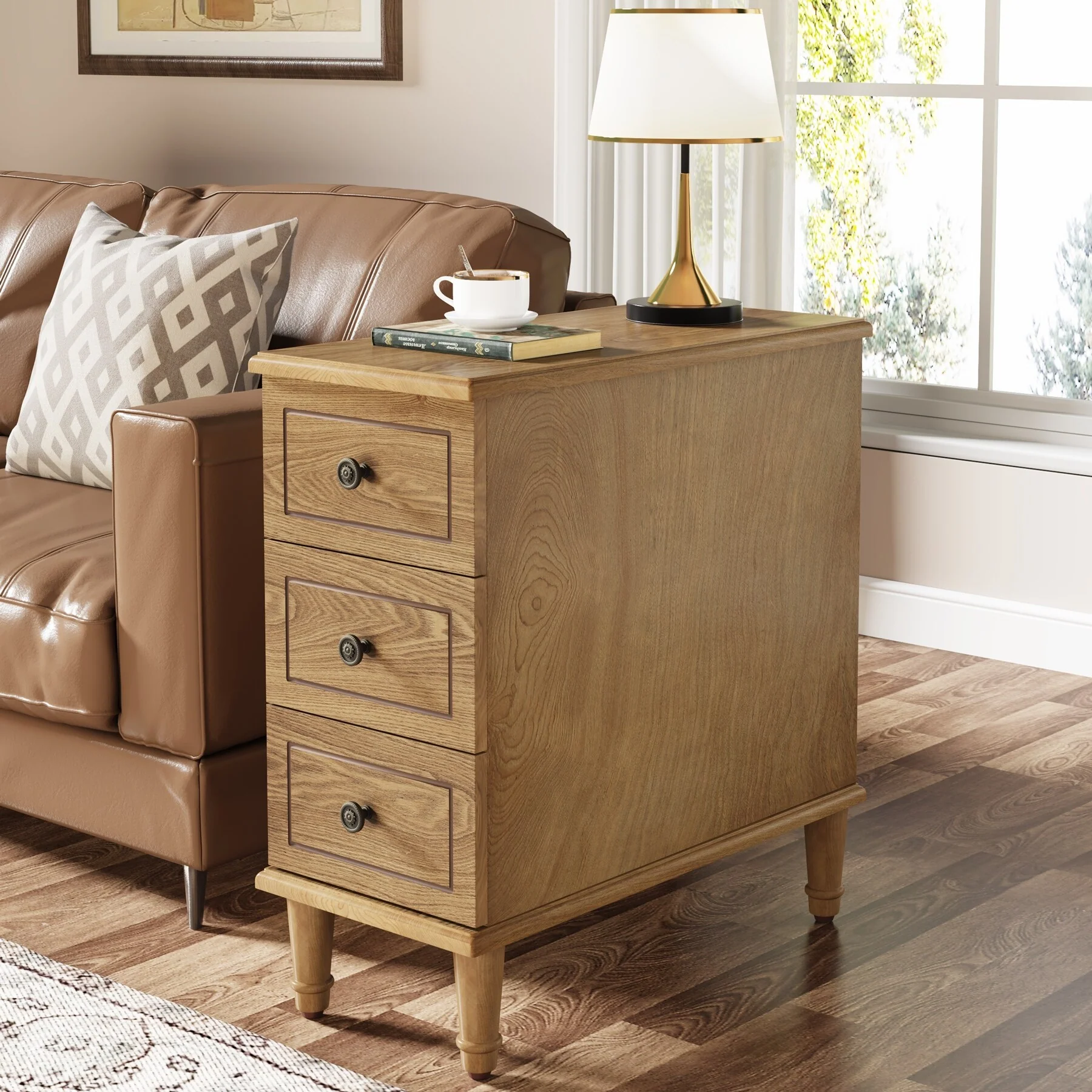 Fully Assembled Narrow End Table, Solid Wood Side Table with 3 Drawers, Vintage Nightstand for Small Spaces - Image 3