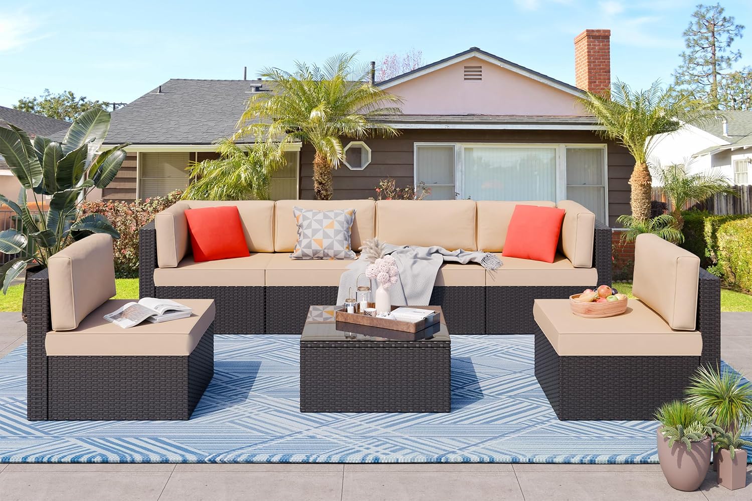 5-Piece All-Weather Patio Furniture Set with Ottoman, Outdoor Wicker Conversation Sofa Set with Cushions for Garden, Deck & Backyard - Image 13