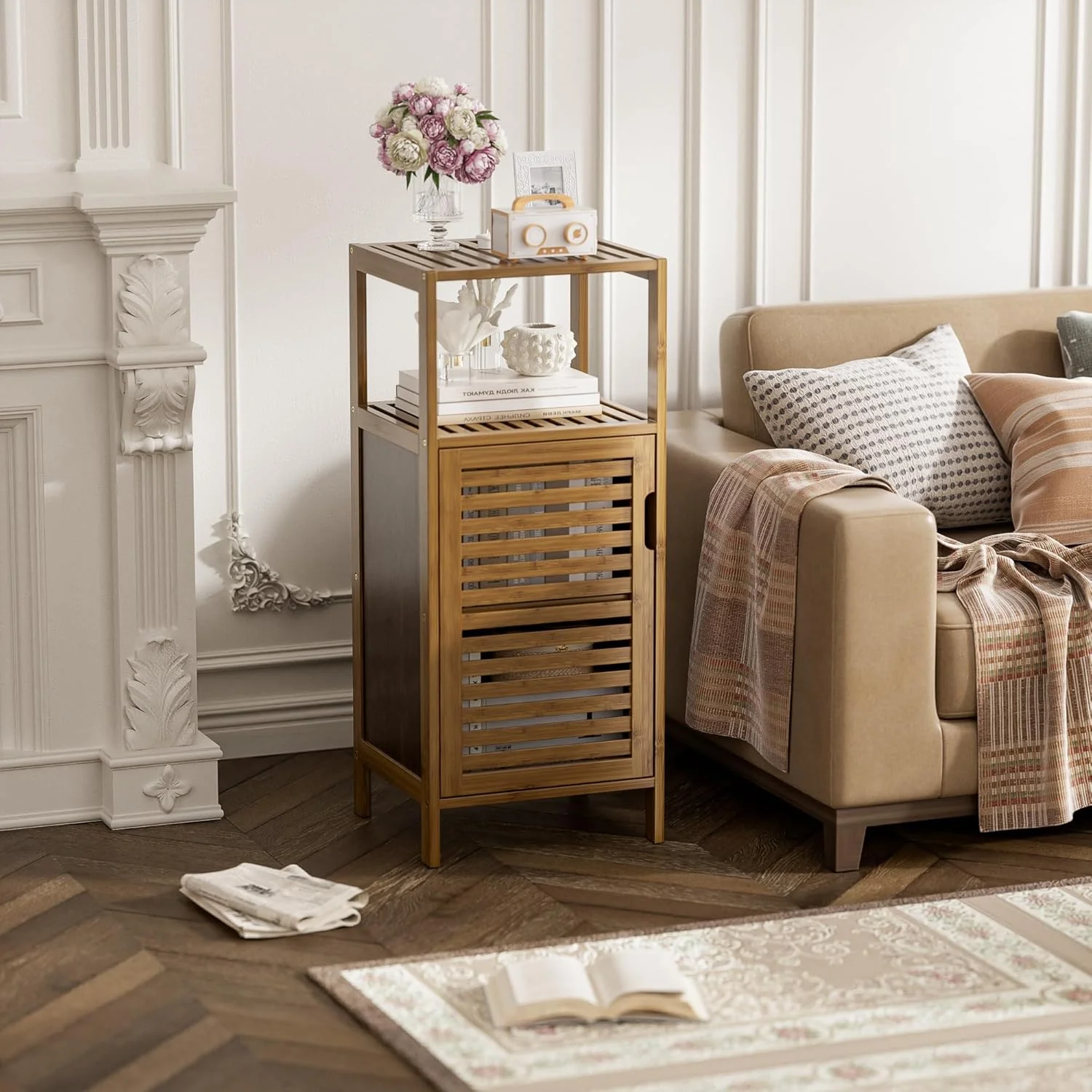 Bathroom Cabinet, Bamboo Floor Cabinet Free Standing, 4 Tier Sofa Side Storage Cupboard for Living Room Kitchen Bedroom - Image 15