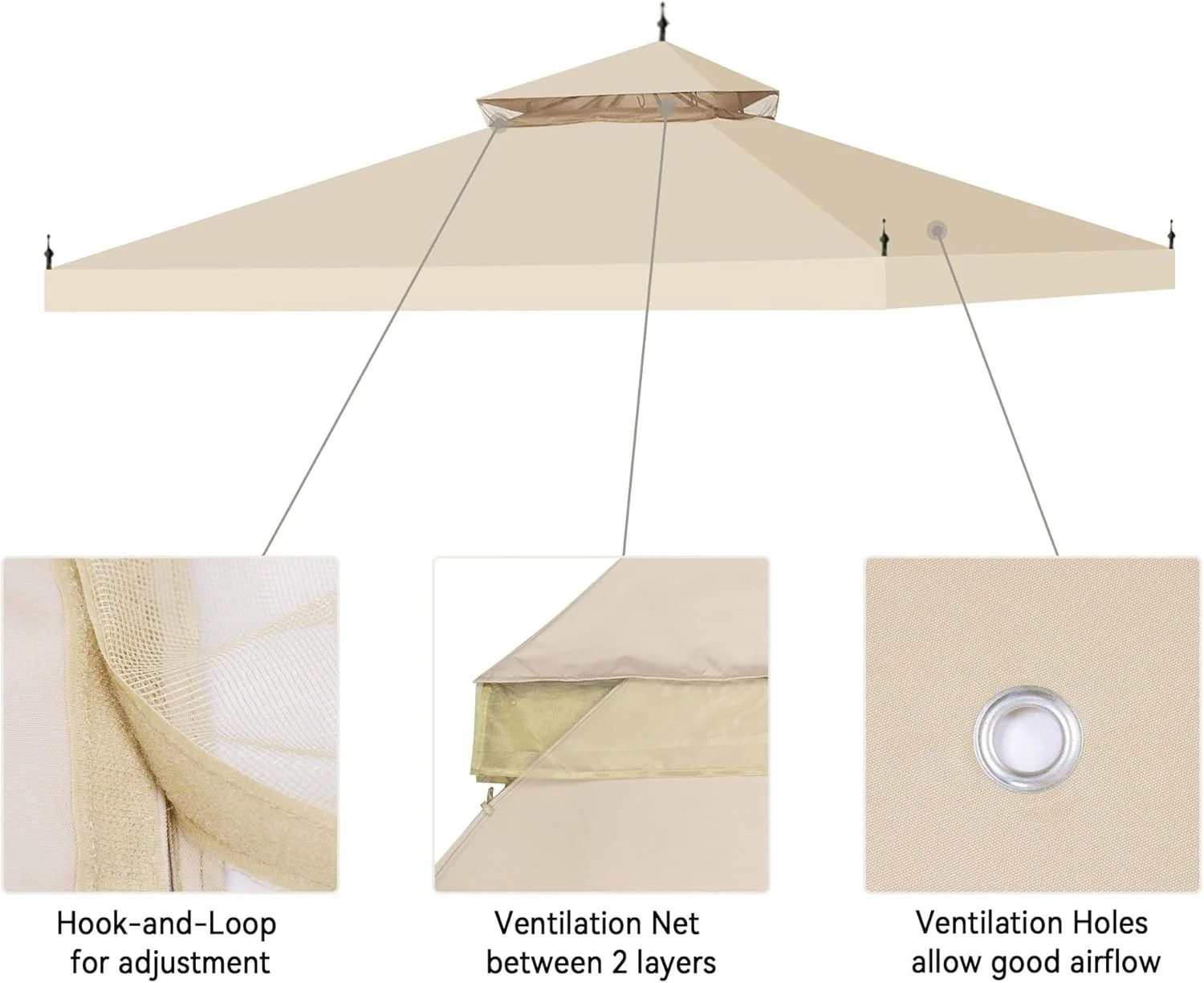 10x10Ft Canopy Top Replacement PU Water Resistance Arrow Gazebo Dual Tier Outdoor Patio Canopy Cover Party Backyard Garden Beige - Image 3