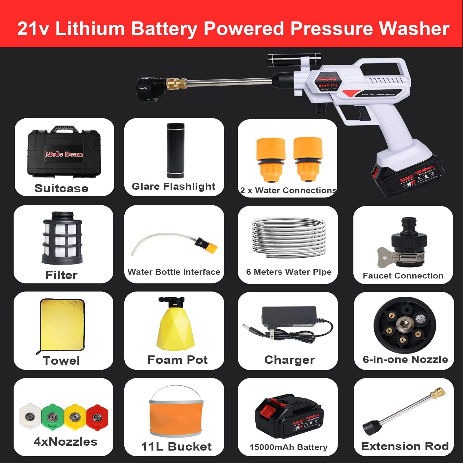 21V Cordless Pressure Washer, Max 870PSI, 2.11GPM, Electric Portable Pressure Washer with 6-in-1 Adjustable Nozzle, Battery and Charger with Accessories for Cleaning Floor Watering Car Flowers Fences - Image 3
