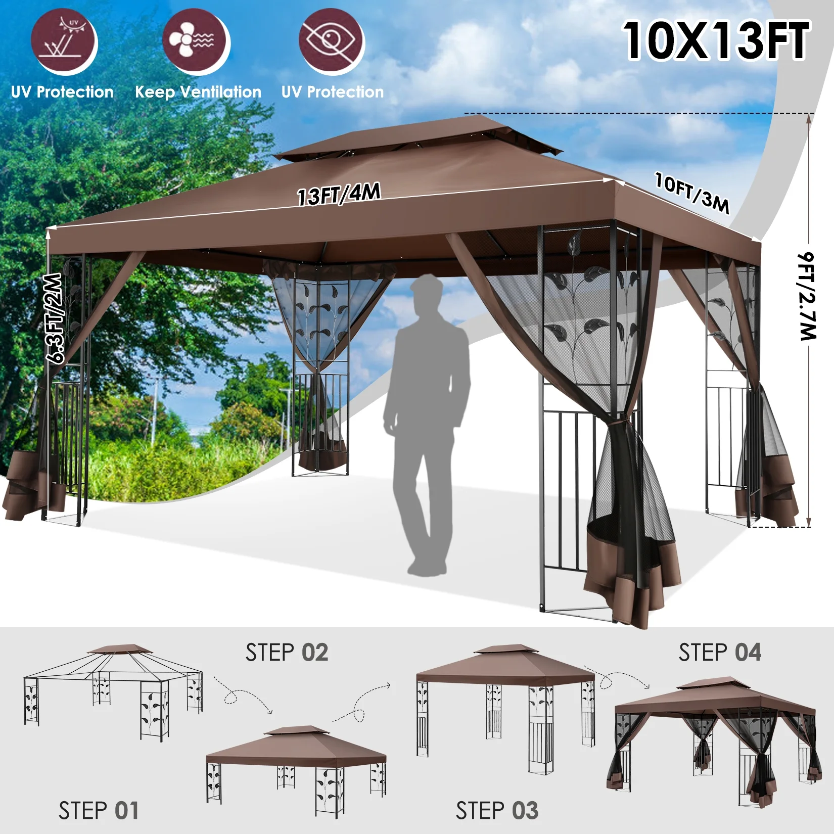 SANOPY 10'x13.3' Metal Patio Gazebo, Outdoor Gazebo Canopy Tent for Backyard with Mesh Curtains, Gazebos Shelter with Display Shelves, Steel Frame, Patio Covers for Tailgate - Image 9