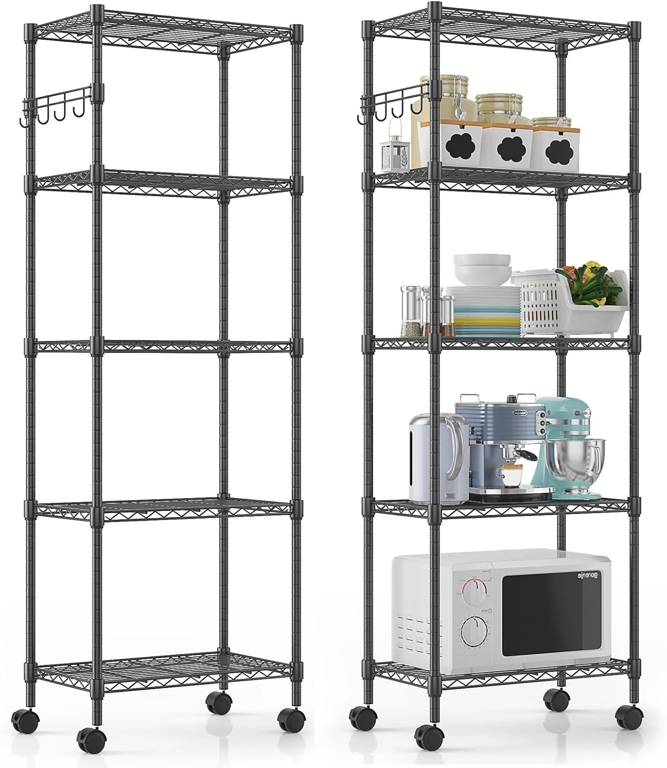 5-Tier Storage Shelf Wire Shelving Unit on Wheels, Adjustable Heavy Duty Metal Shelves with Side Hooks, Steel Rack Organization for Kitchen Garage Basement, Silver - Image 17