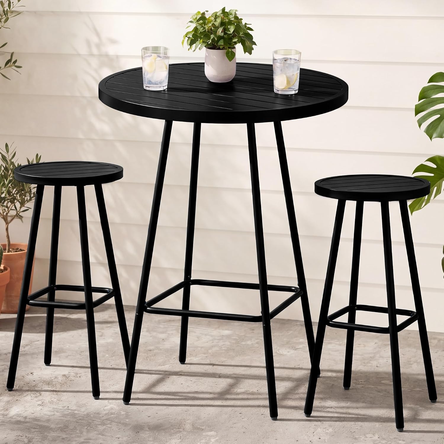 3-Piece Patio Dining Set, Bar Height, Outdoor Bistro Set, Outdoor Round Bar Table w/ 2 Bar Stools, Steel - White - Image 2