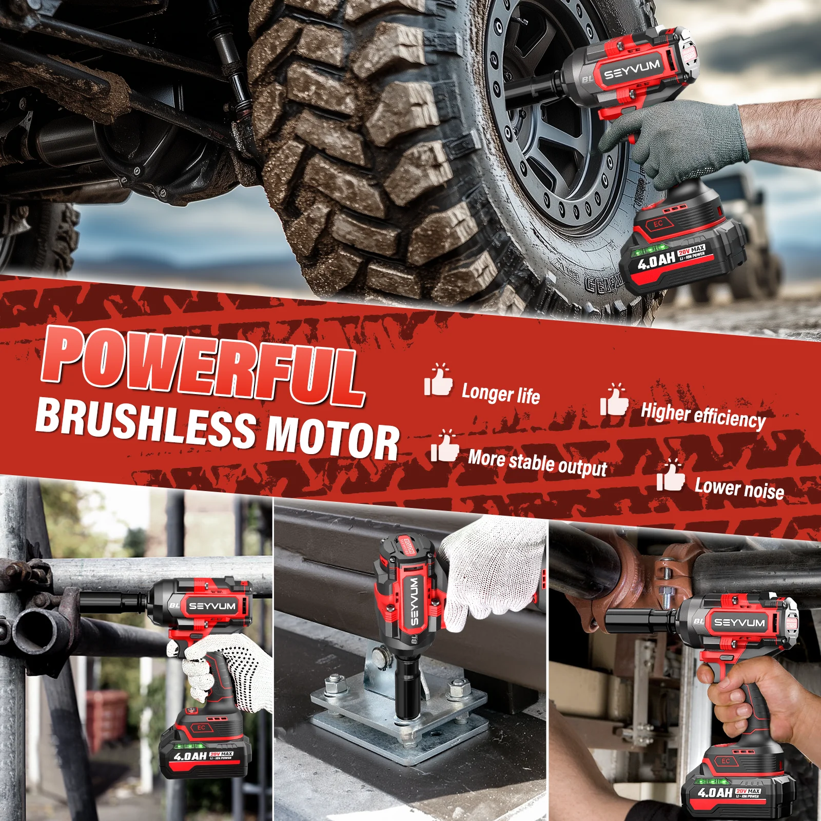 Cordless Impact Wrench, 1/2" Impact Gun, Max Torque 440 Ft-lbs (600 N.m) Heavy Duty Cordless Impact Driver, 3500 RPM Electric Impact Drill, 20V Brushless, 2x4.0Ah Li-ion Battery, 4Pcs Impact Sockets - Image 15