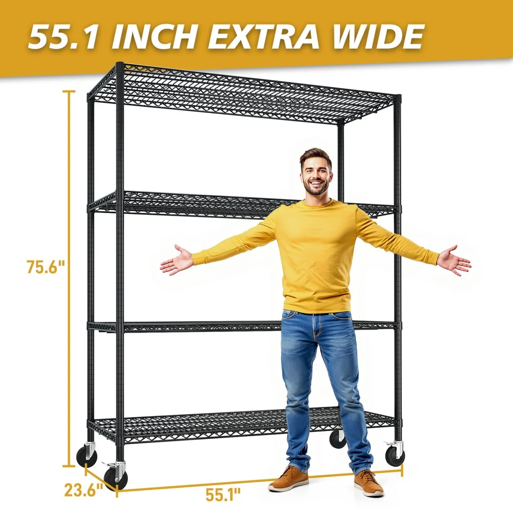 IVV 4-Tier Wire Shelving Unit on Wheels, Rolling Metal Storage Utility Rack, 2500LBS Capacity, Height Adjustable for Restaurant Garage Pantry Kitchen, 55.12"L x 23.62"W x 75.59"H, Black - Image 4