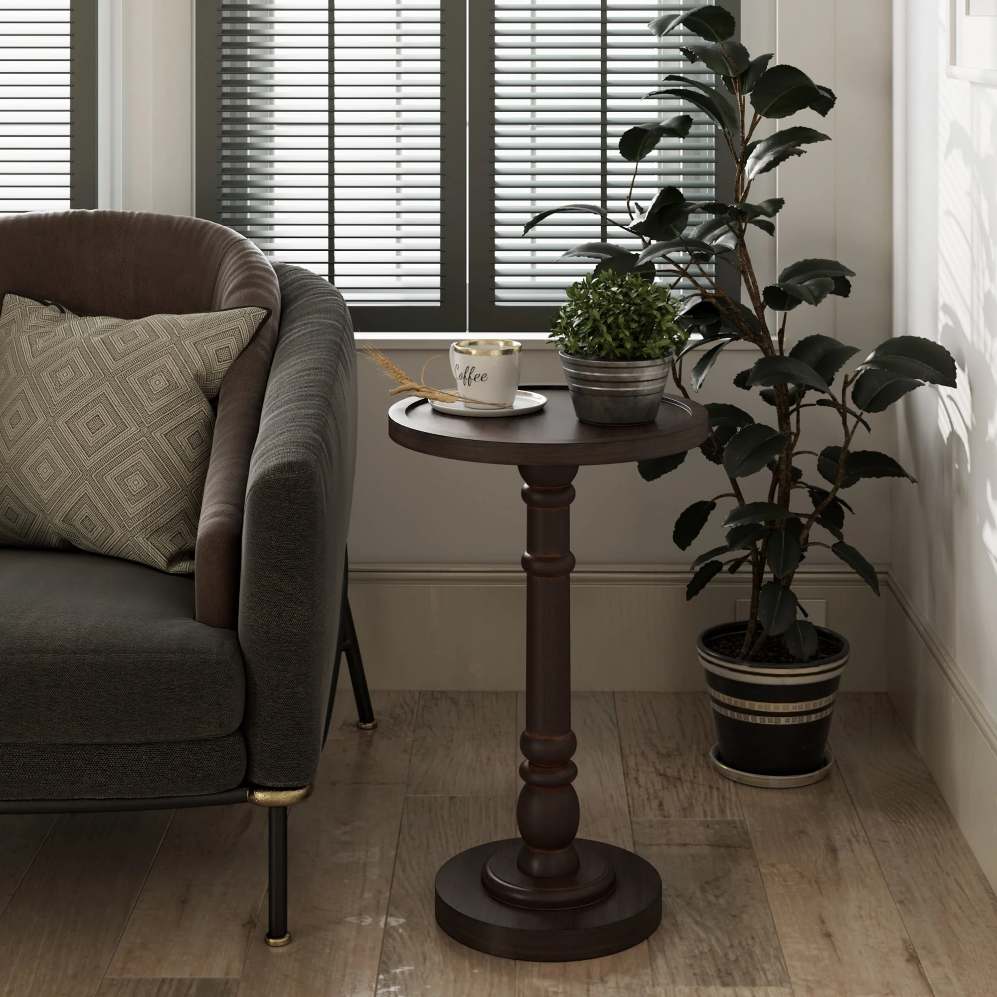 Small Pedestal End Table with Tray Top, Farmhouse Distressed Finish Accent Table