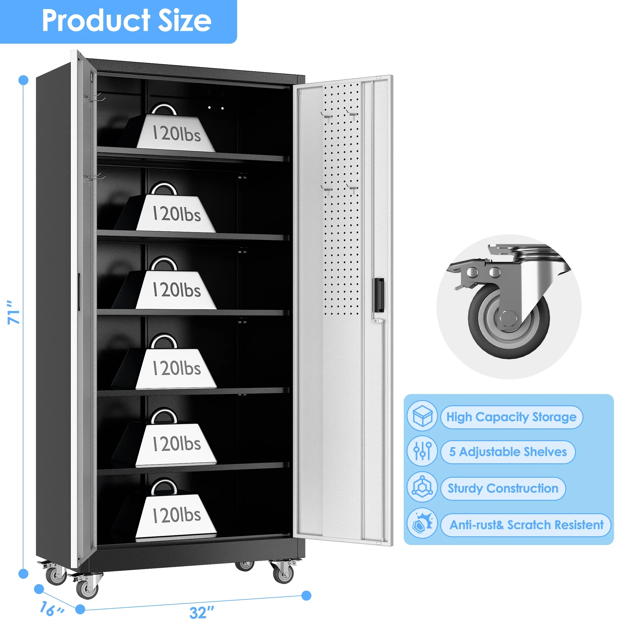 Gaeanet Rolling Tool Storage Cabinet with 5 Adjustable Shelves and Pegboard,Metal Garage Storage Cabinet with Wheels for Garage Home Office Utility Room,71" H-32" W-16" D,Required Assembly, Black - Image 143