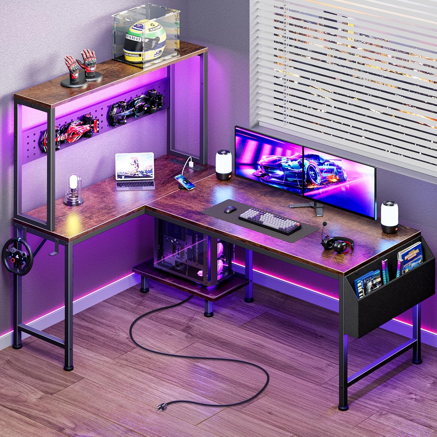 L Shaped Gaming Desk with LED Lights & Power Outlets - Image 2