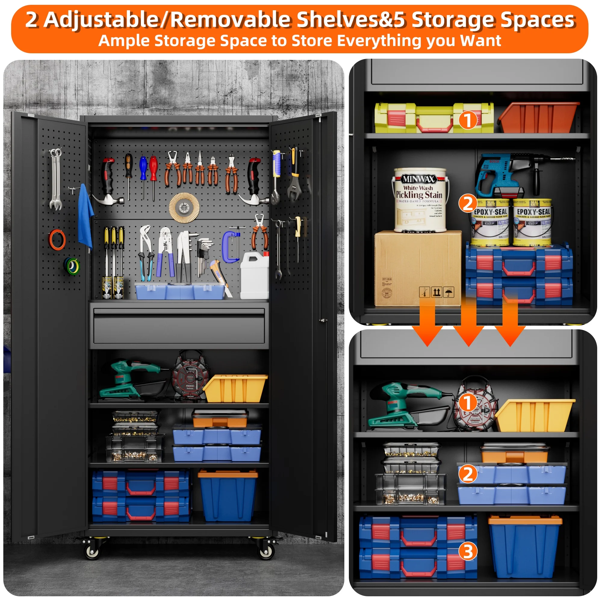 Aobabo Metal Storage Cabinet with Lock,Garage Storage Cabinet with Wheels,72In Steel Storage Cabinet for Garage Home Storage, Black Required-Assembly - Image 142