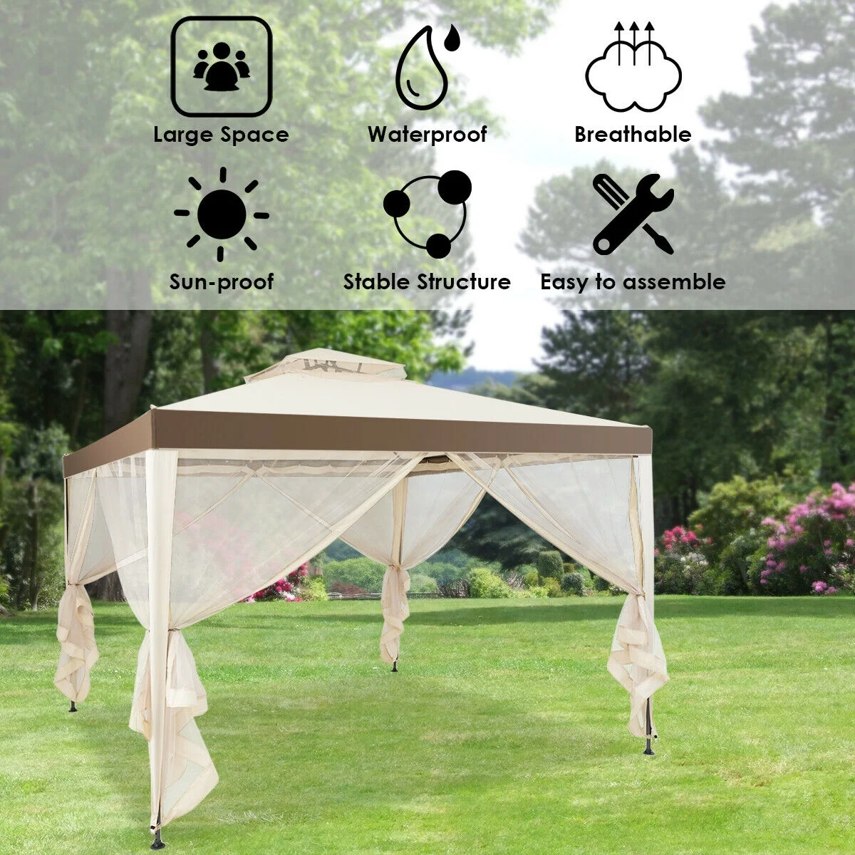 Gymax 10'x 10' Canopy Gazebo Shelter W/Mosquito Netting Outdoor Patio Beige - Image 9