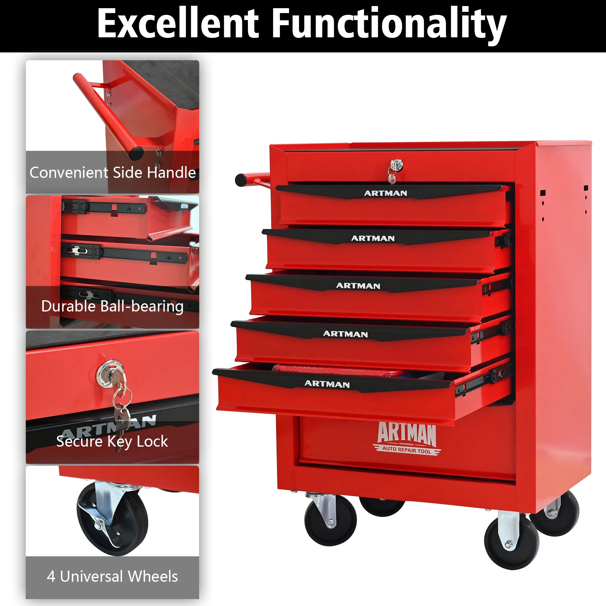 NIGSQJB 30.5"H Rolling Tool Chest Cart with 6 Drawers, 7 Small Tool Boxes Organizers, Lockable Tool Cabinet Storage with Wheels for Garage, Warehouse,Workshop, Repair Shop, DIY, Red - Image 5