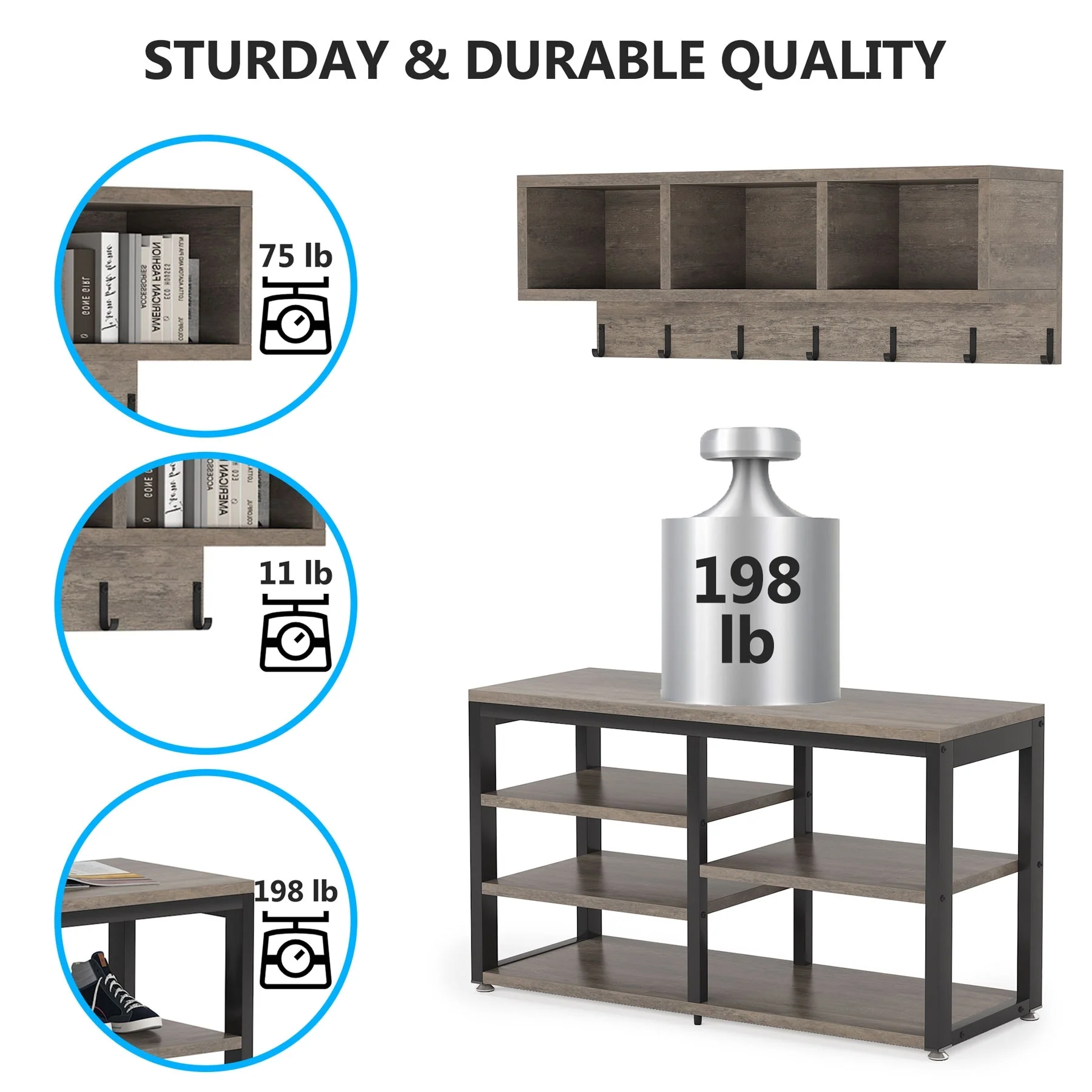 Entryway Coat Rack and Shoe Bench Set, Industrial Hall Tree with Coat and Shoe Storage - Image 27