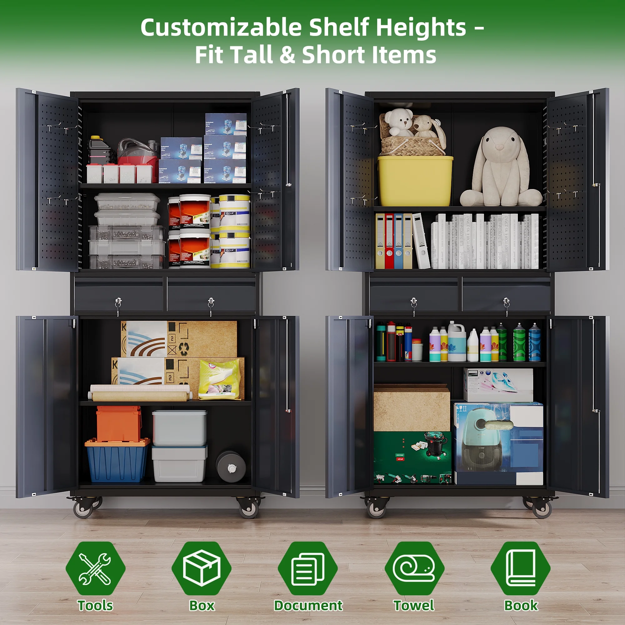 GangMei 71 Inches Tall Metal Garage Storage Cabinets with 5 Adjustable Shelves & Pegboards, Lockable Steel Black Storage Cabinet with Doors for Office, Home, School, Shops, Garage, Assembly required - Image 56