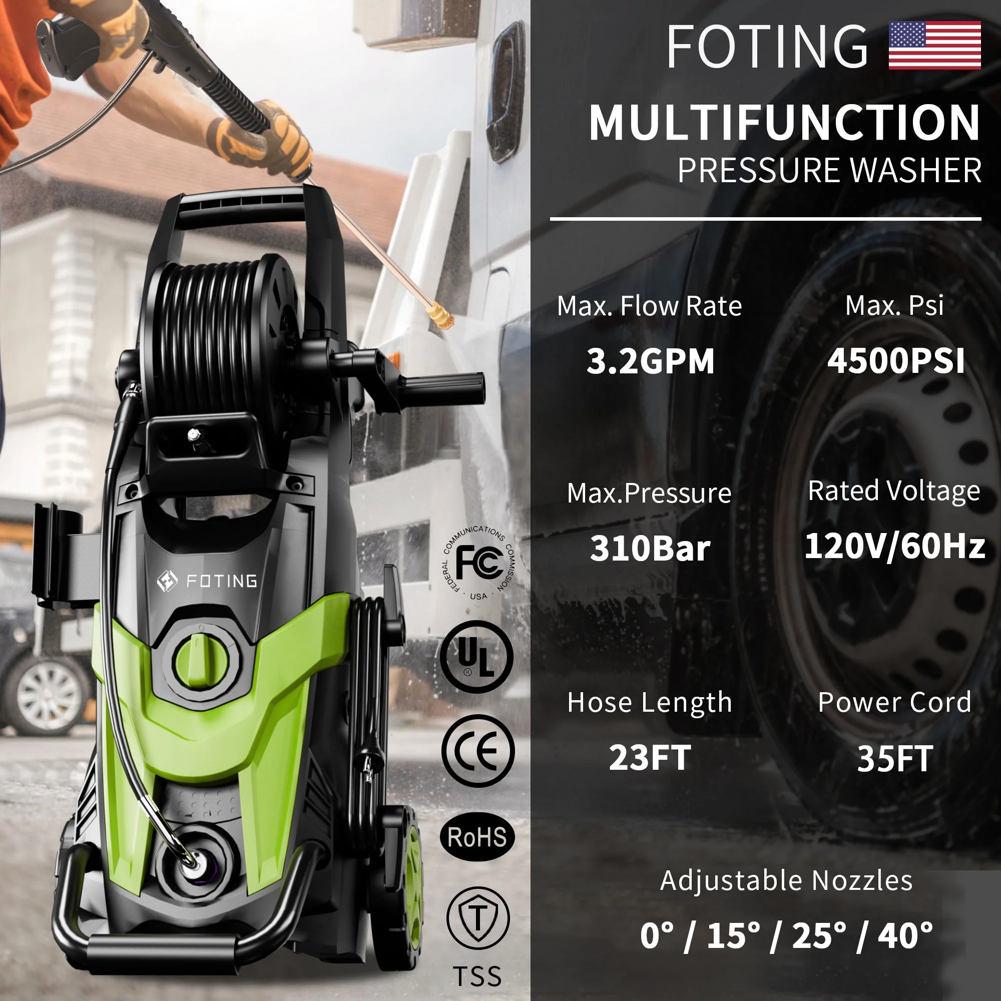 FOTING Electric Pressure Washer, 4500 PSI 3.2 GPM Power Washer with 4 Quick Connect Nozzles, High Pressure Cleaning Machine with Foam Cannon for Cars/Fences/Driveways/Patios/Home Cleaning - Image 2