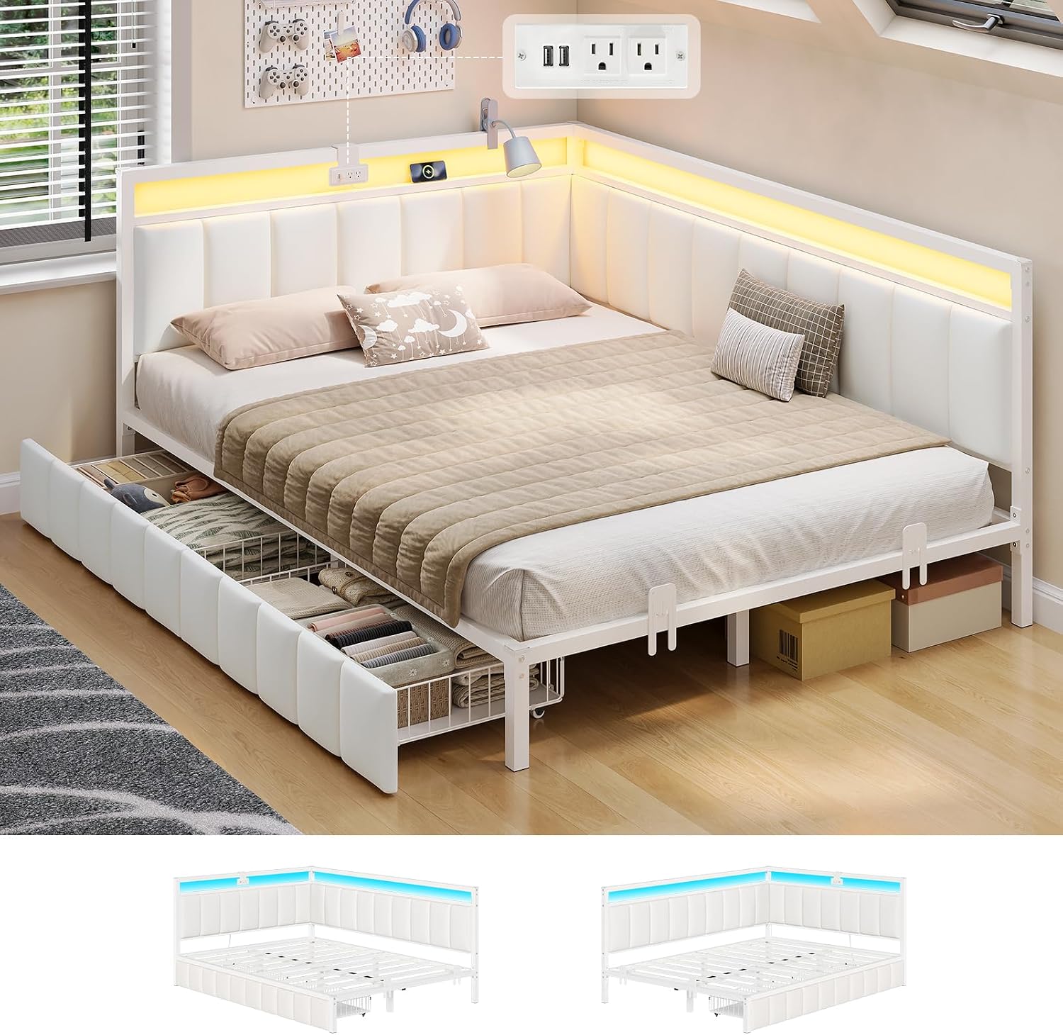 Corner Bed Frame with Storage Drawers, Twin Daybed with Line Fabric Upholstered Fence, Kids Bed Unit with LED Light and Charging Station, Modern Bed Frame Twin Size, Beige