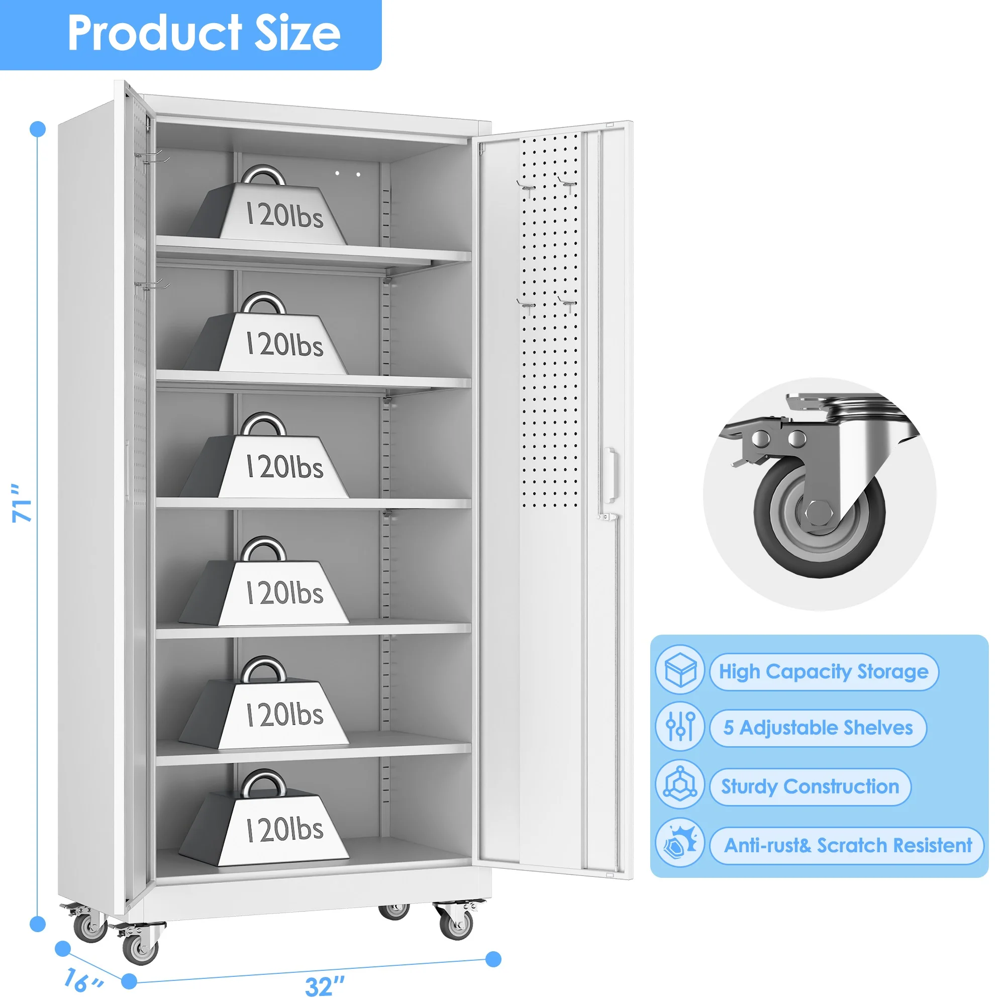 Gaeanet Rolling Tool Storage Cabinet with 5 Adjustable Shelves and Pegboard,Metal Garage Storage Cabinet with Wheels for Garage Home Office Utility Room,71" H-32" W-16" D,Required Assembly, Black - Image 95