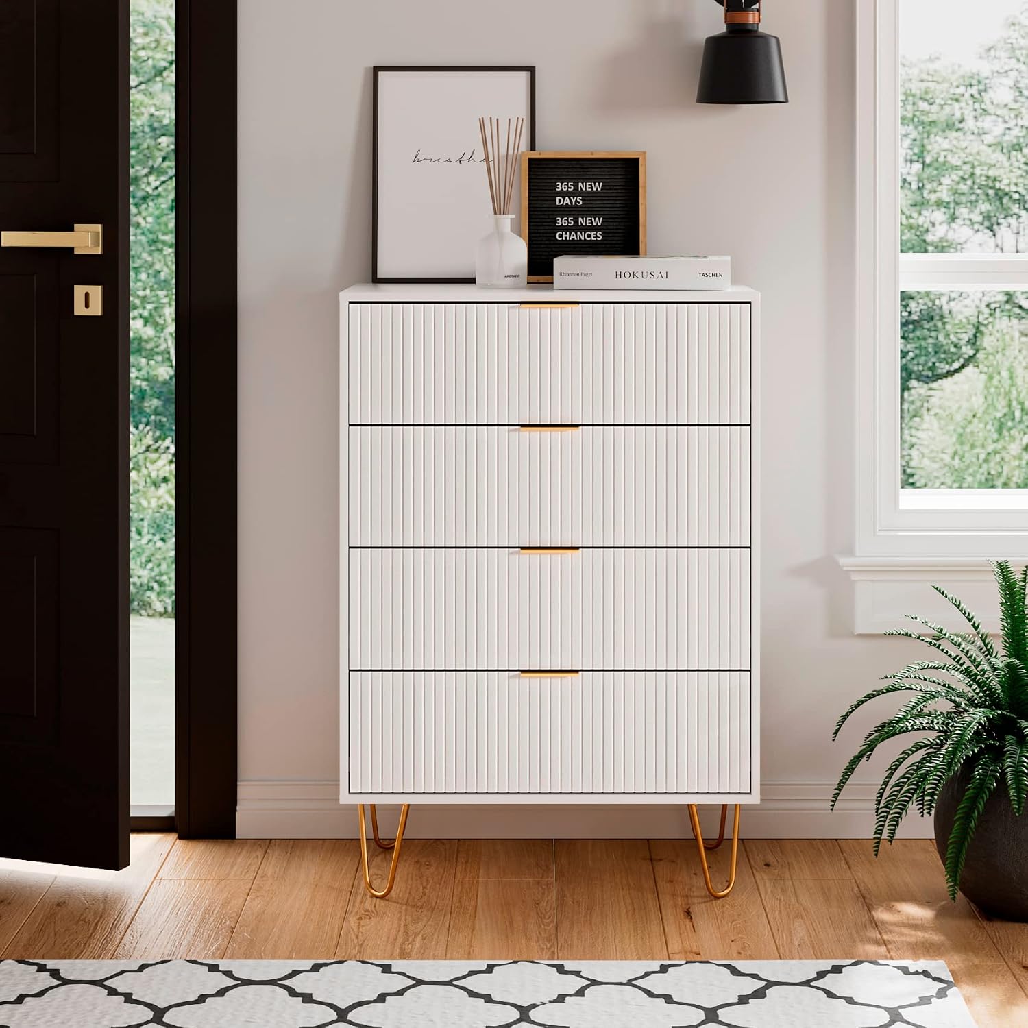 4 Drawer Dresser, Drawer Chest, Tall Storage Chest Cabinet Organizer Unit with Metal Legs, Small Dresser for Bedroom, Living Room, Closet, Hallway Black Stripe - Image 5